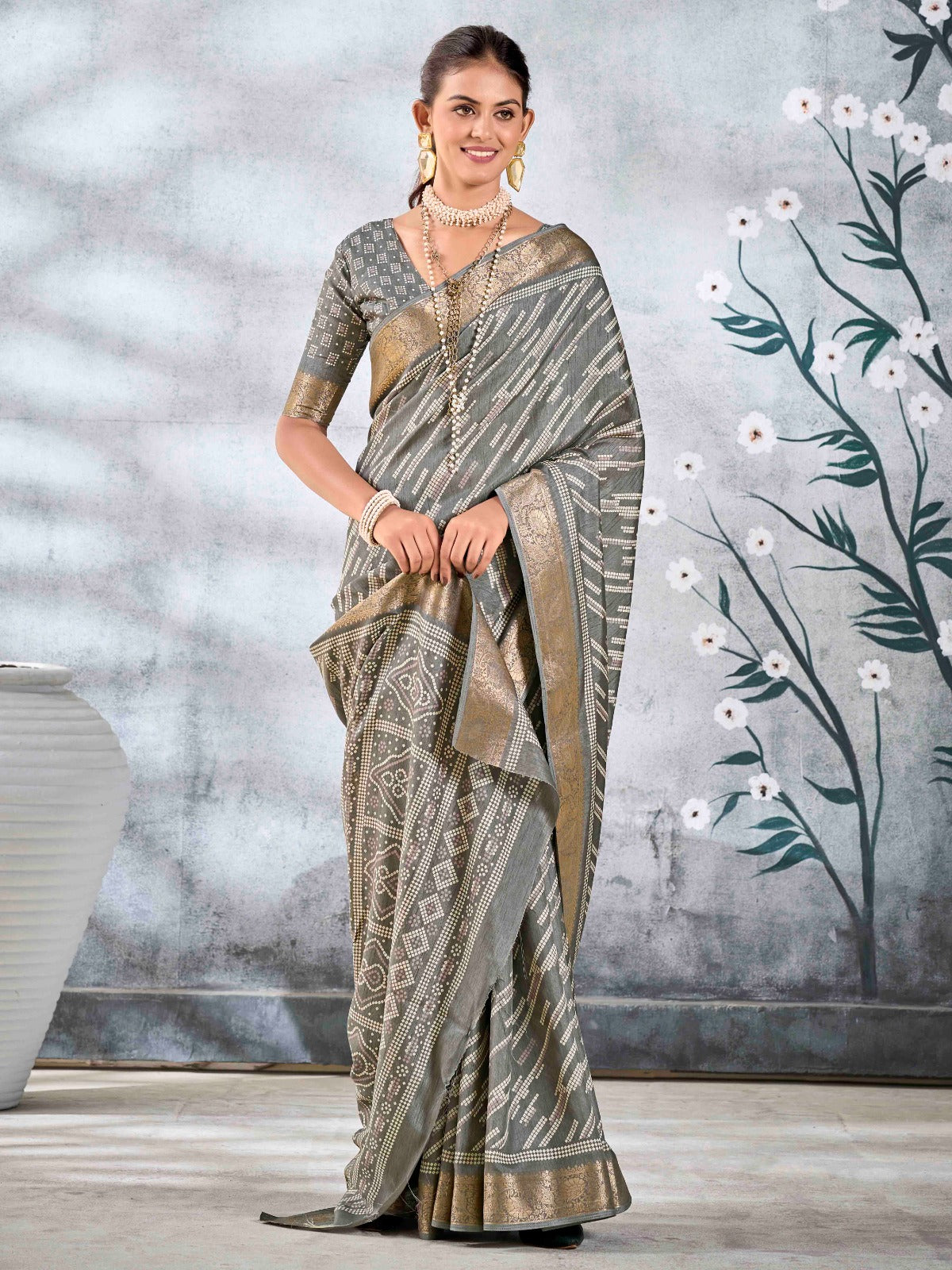 Dove Grey Dola Silk Printed Saree With Zari Border