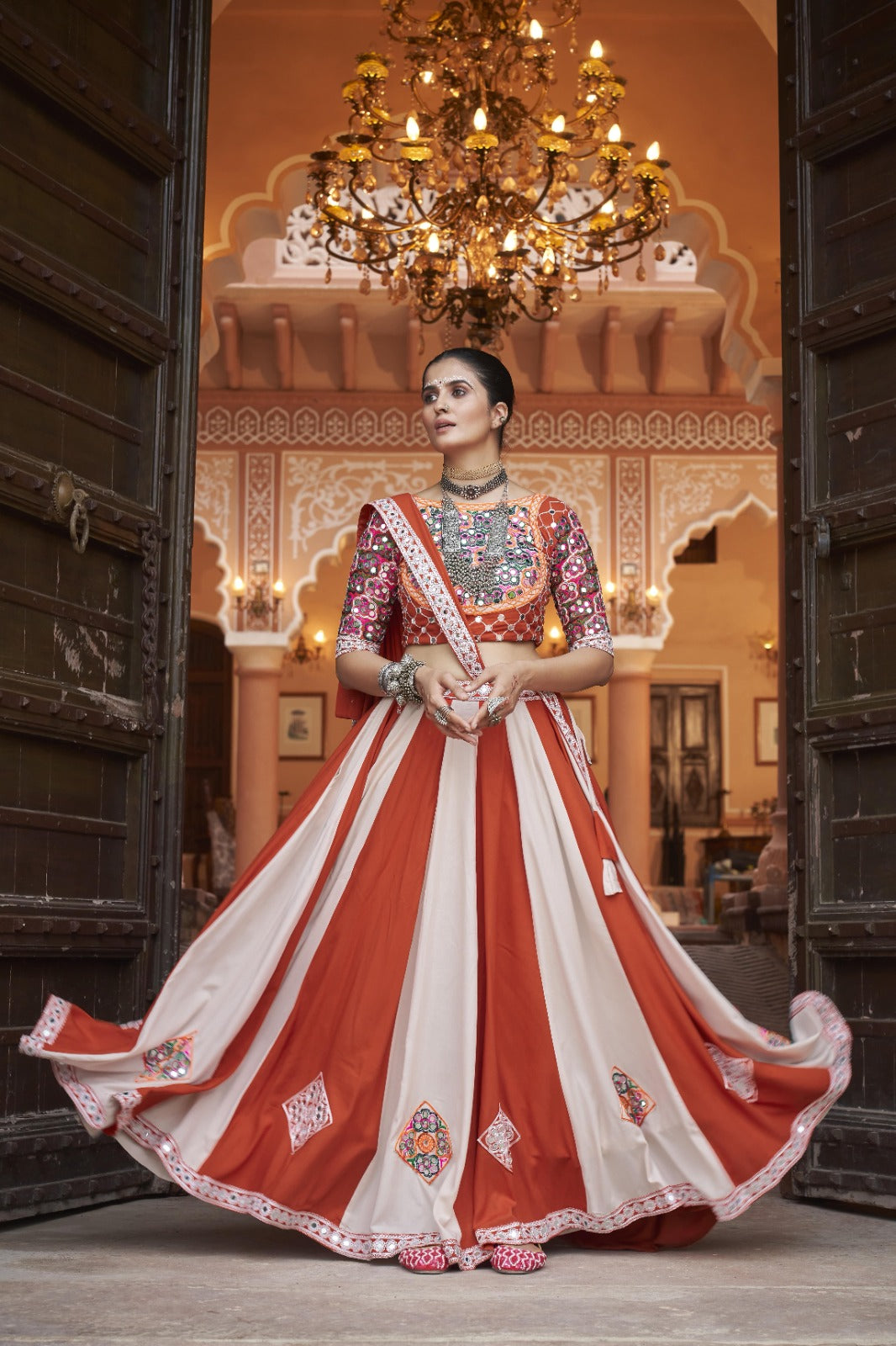 White Red Viscose Rayon Embroidered Navratri Lehenga Choli