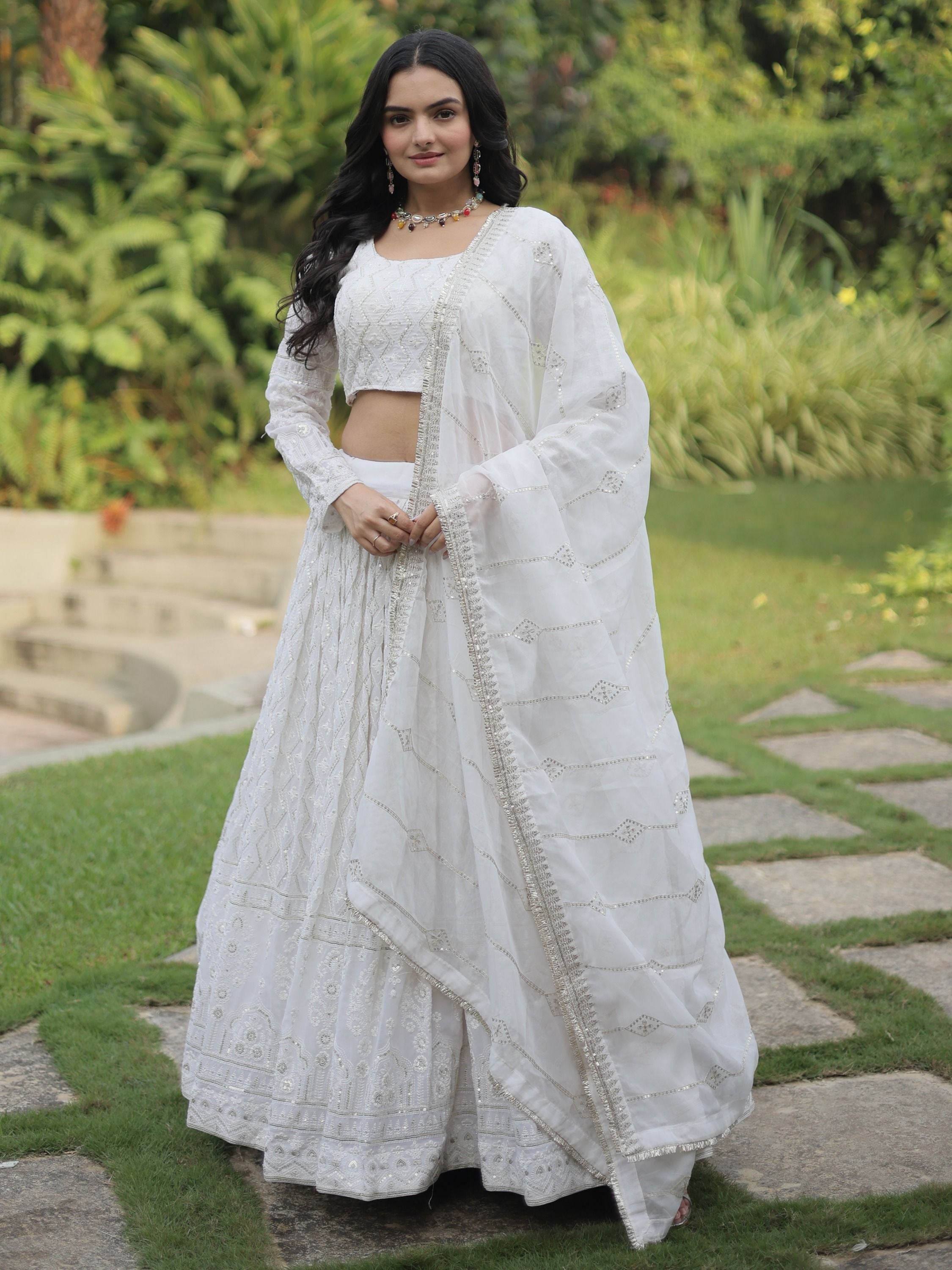 Enchanting White Embroidered Georgette Occasion Wear Lehenga Choli