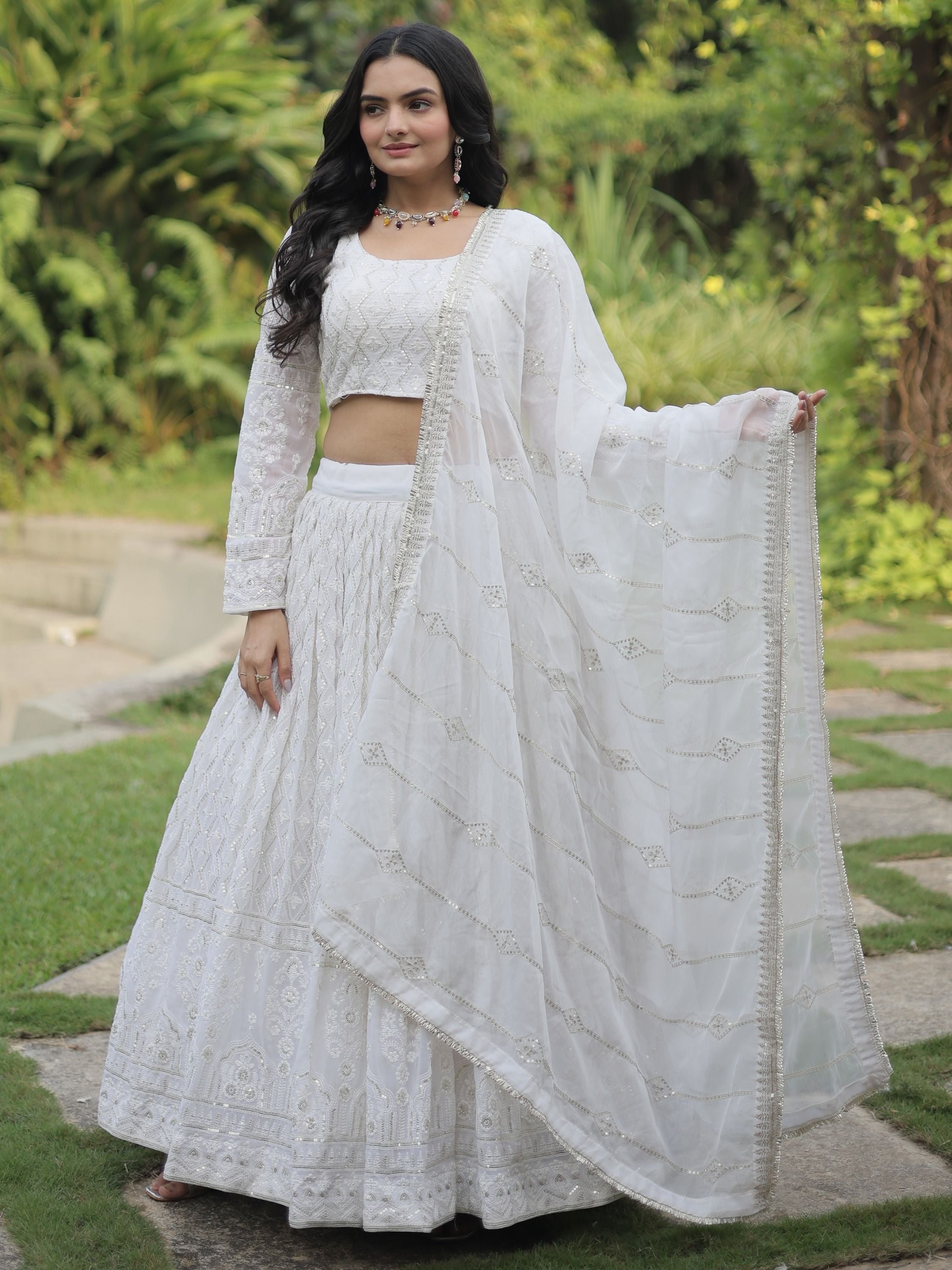 Enchanting White Embroidered Georgette Occasion Wear Lehenga Choli