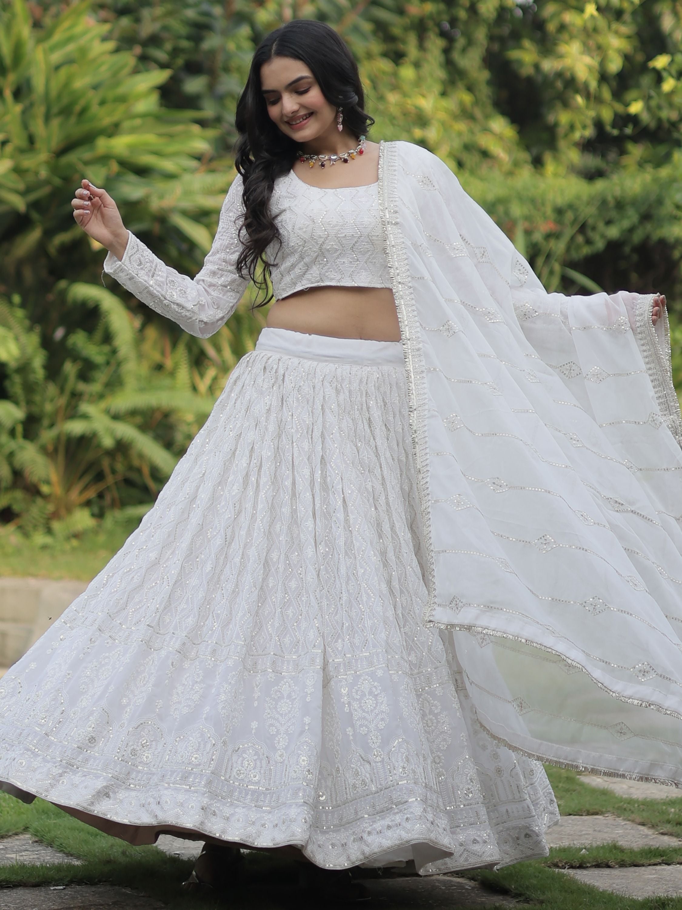 Enchanting White Embroidered Georgette Occasion Wear Lehenga Choli