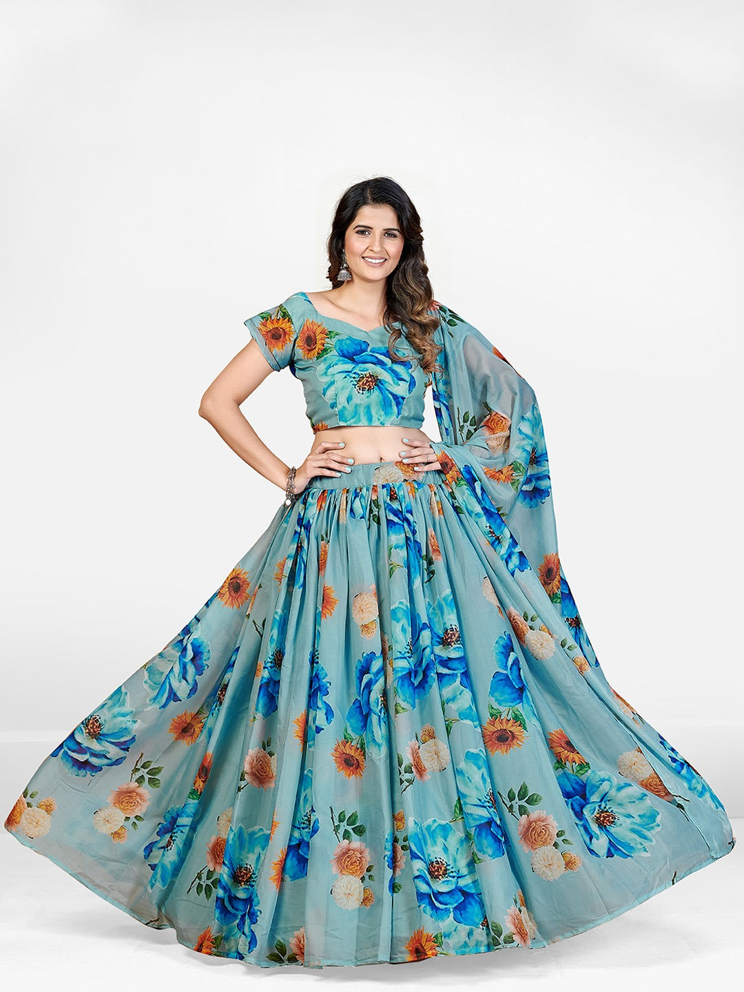 Blissful Turquoise Blue and Orange Printed Lehenga and Blouse With Dupatta