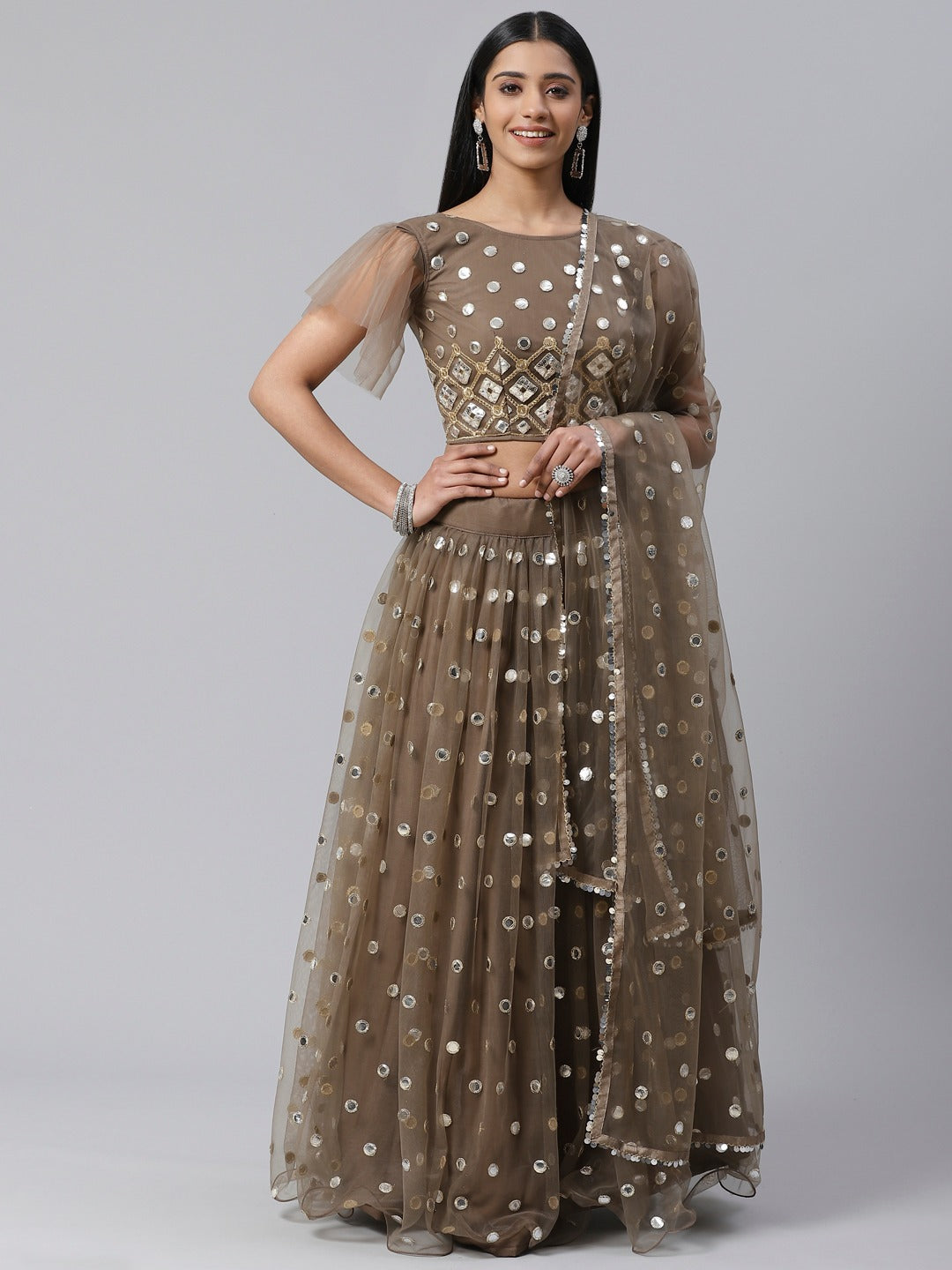 Brown Net Semi-Stitch Lehenga Choli For Reception