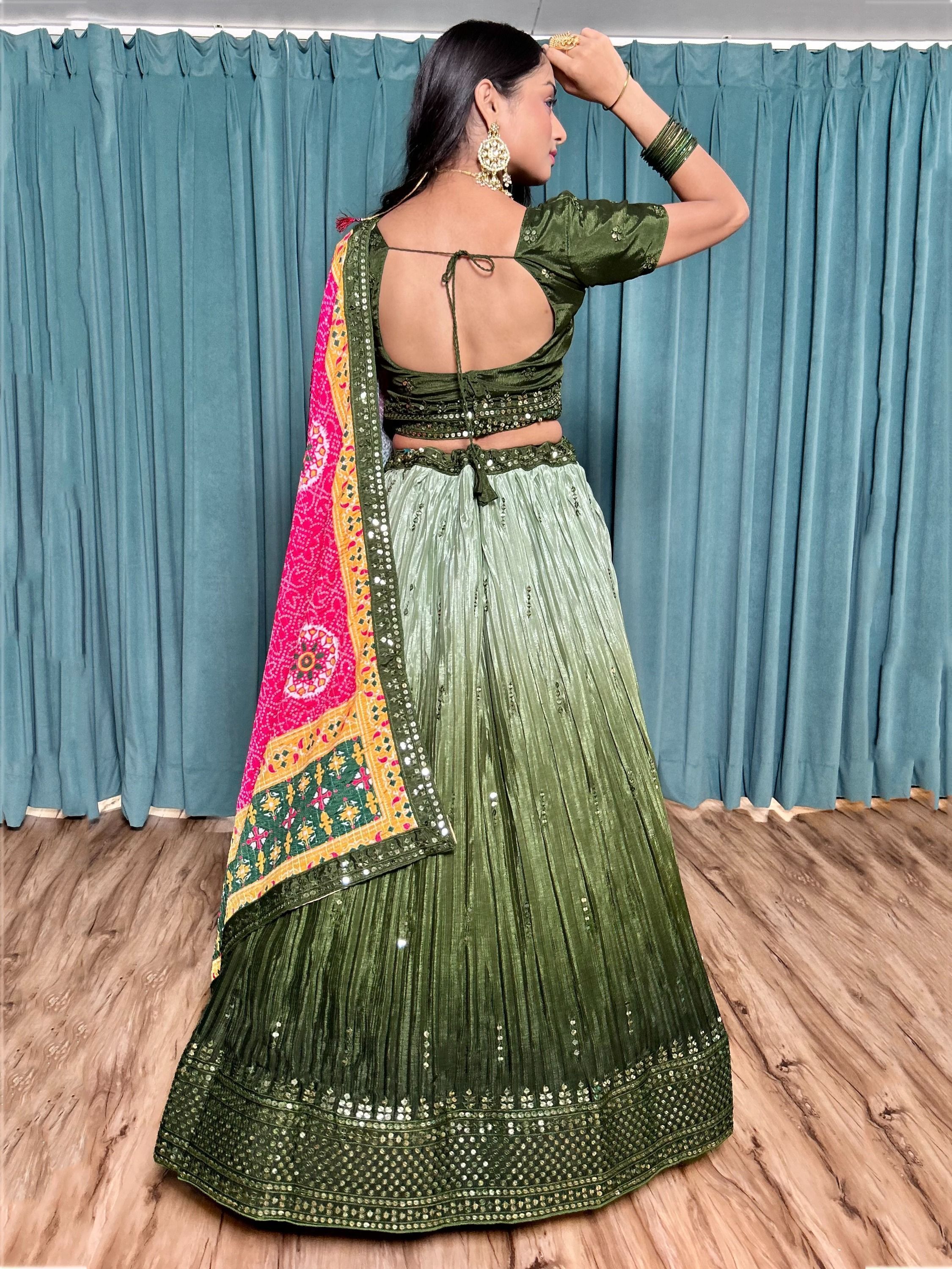 Two Tone Green Sequins Worked Chinon Navratri Lehenga Choli