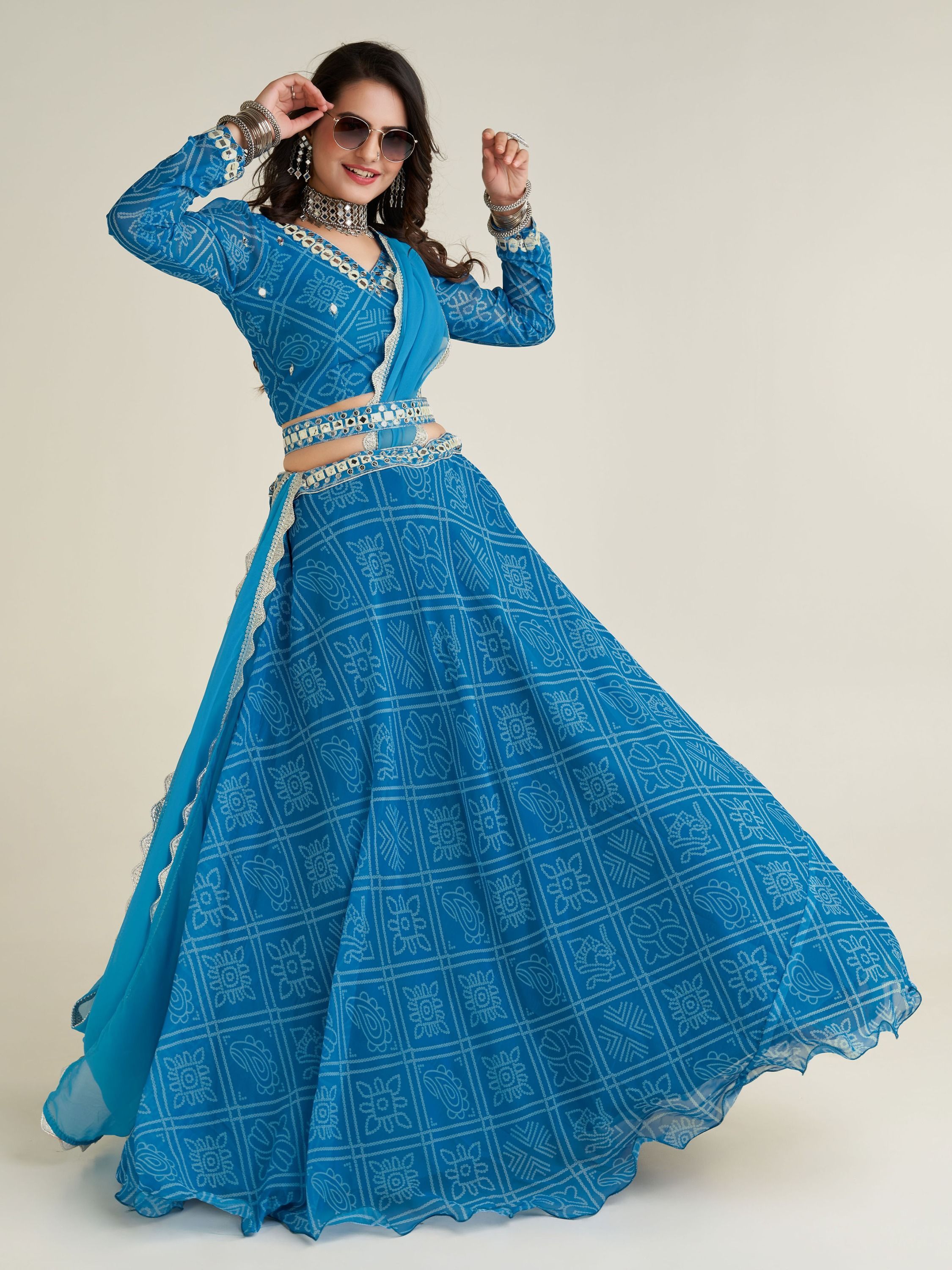 Sky Blue Bandhani Printed Georgette Festive Wear Lehenga Choli