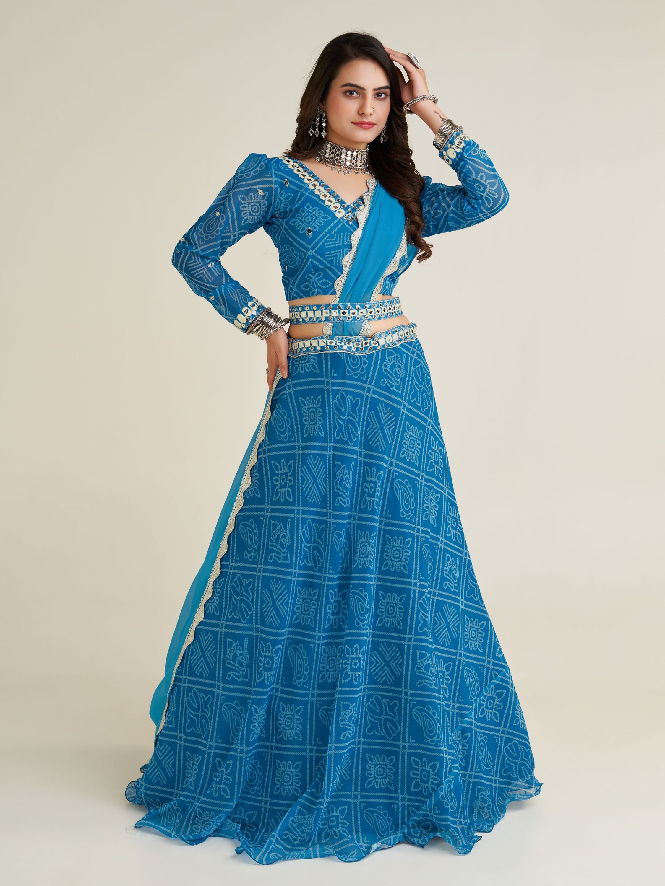 Sky Blue Bandhani Printed Georgette Festive Wear Lehenga Choli