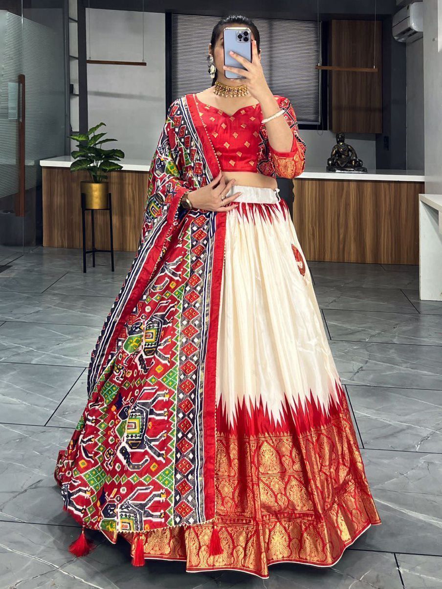 Off White & Red Printed Dola Silk Garba Special Chaniya Choli