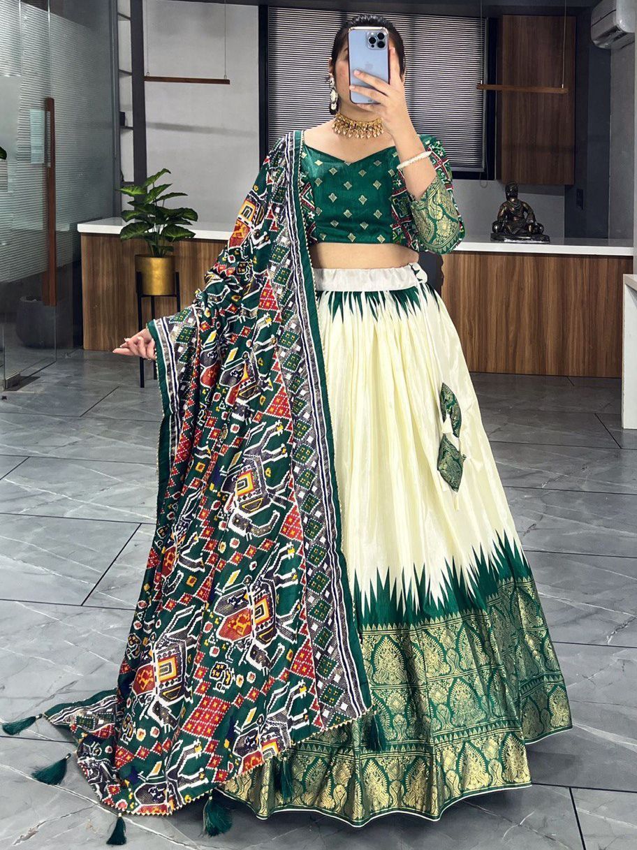 Off White & Green Printed Dola Silk Garba Special Chaniya Choli