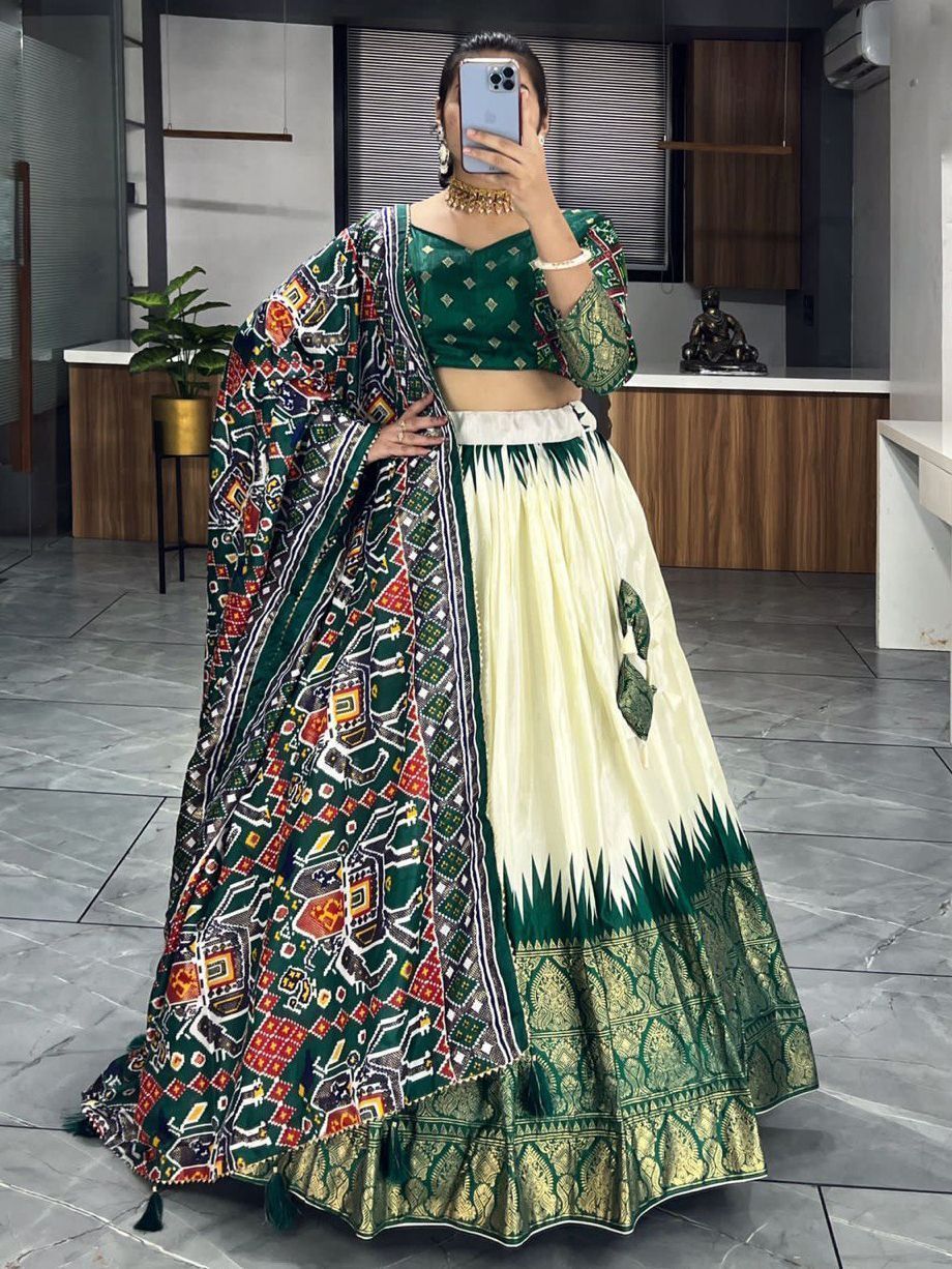 Off White & Green Printed Dola Silk Garba Special Chaniya Choli