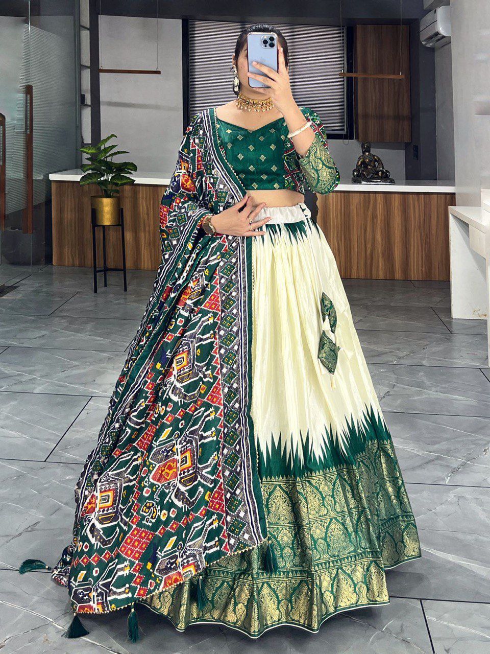 Off White & Green Printed Dola Silk Garba Special Chaniya Choli