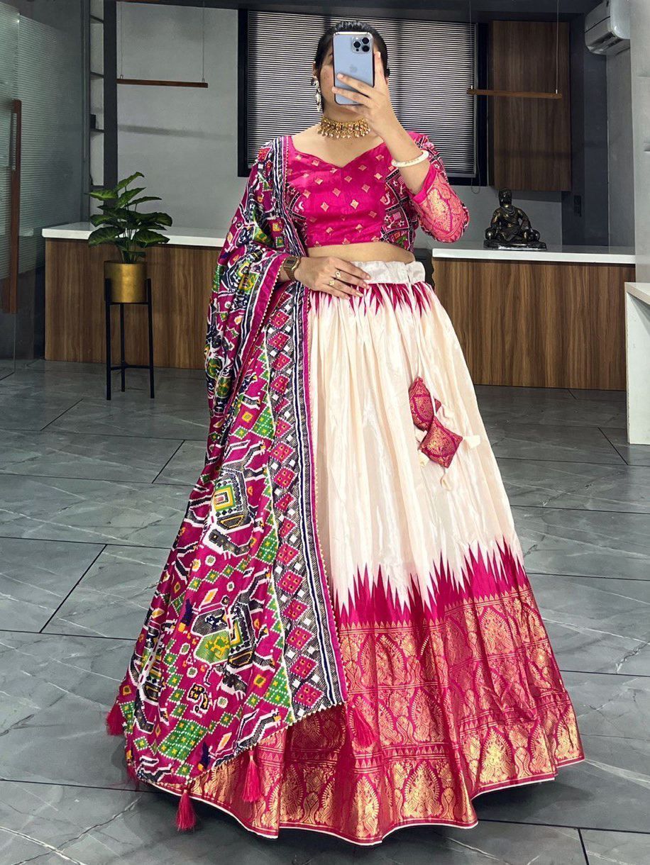 Off White & Pink Printed Dola Silk Garba Special Chaniya Choli