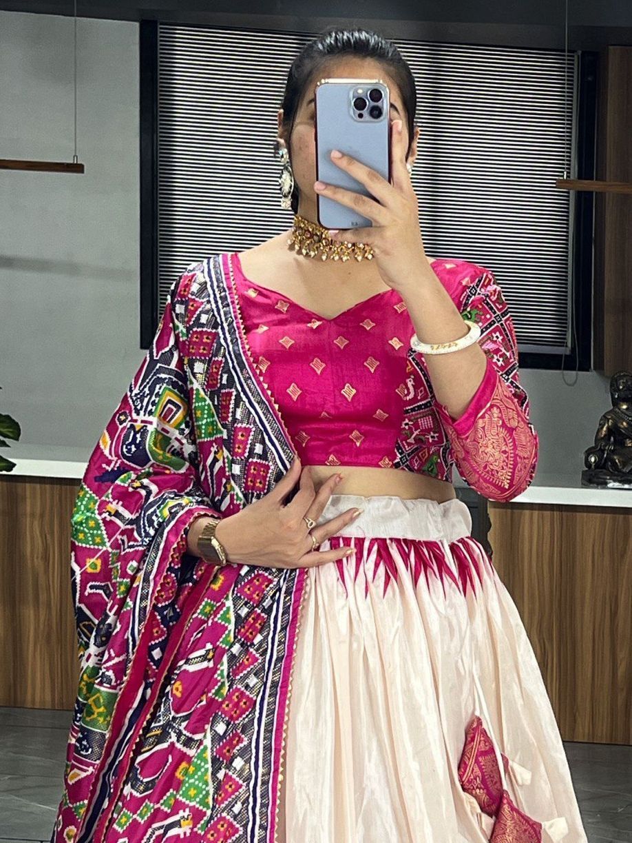 Off White & Pink Printed Dola Silk Garba Special Chaniya Choli