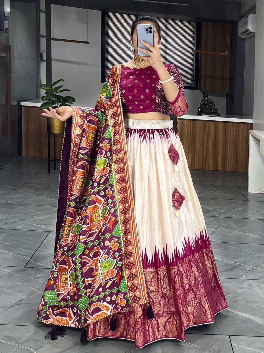 Off White & Wine Printed Dola Silk Garba Special Chaniya Choli