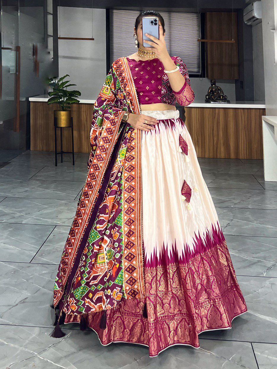 Off White & Wine Printed Dola Silk Garba Special Chaniya Choli