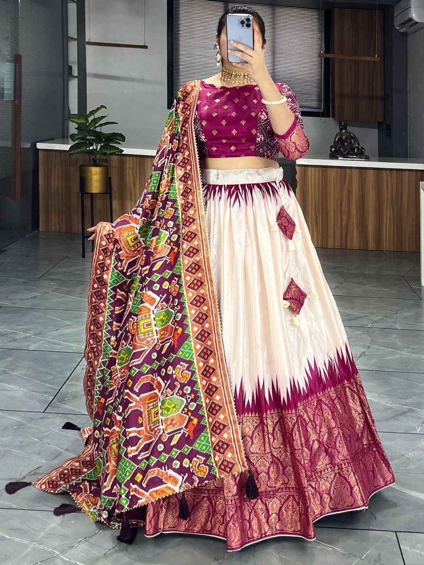 Off White & Wine Printed Dola Silk Garba Special Chaniya Choli