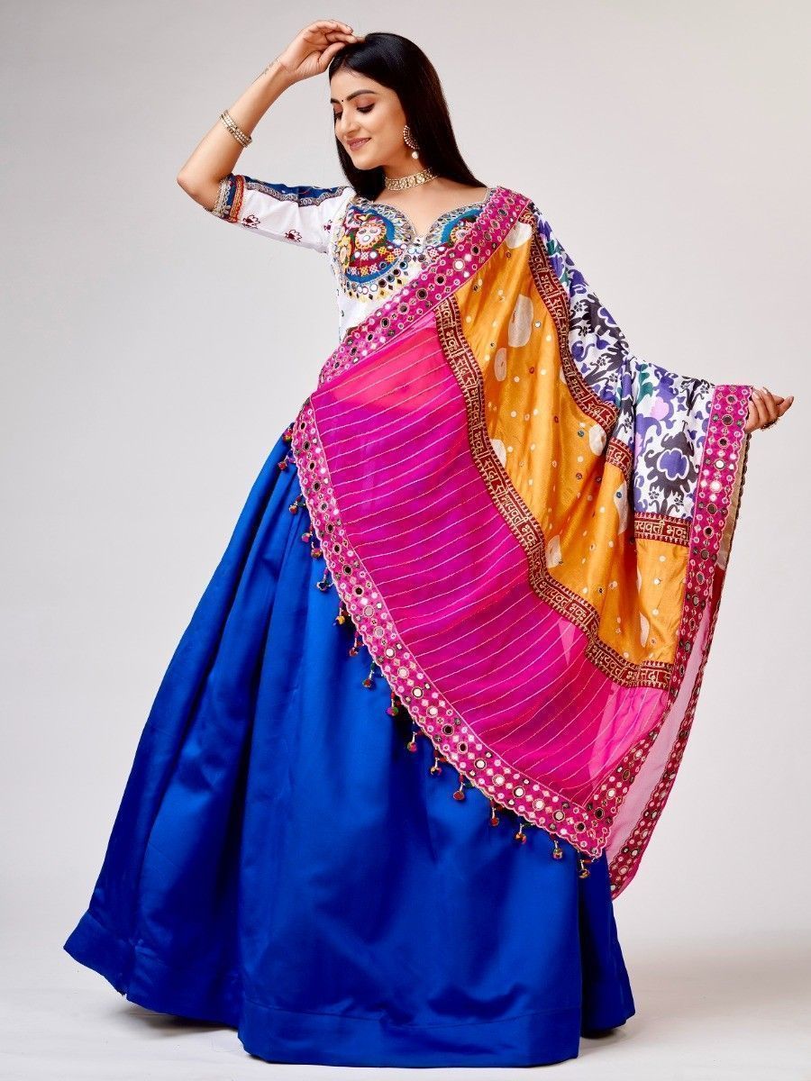 Blue Mirror Worked Satin Silk Navratri Wear Lehenga Choli