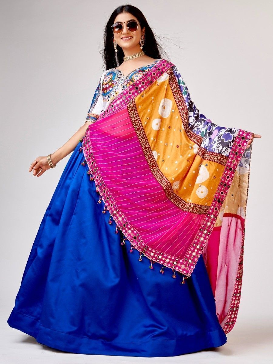 Blue Mirror Worked Satin Silk Navratri Wear Lehenga Choli