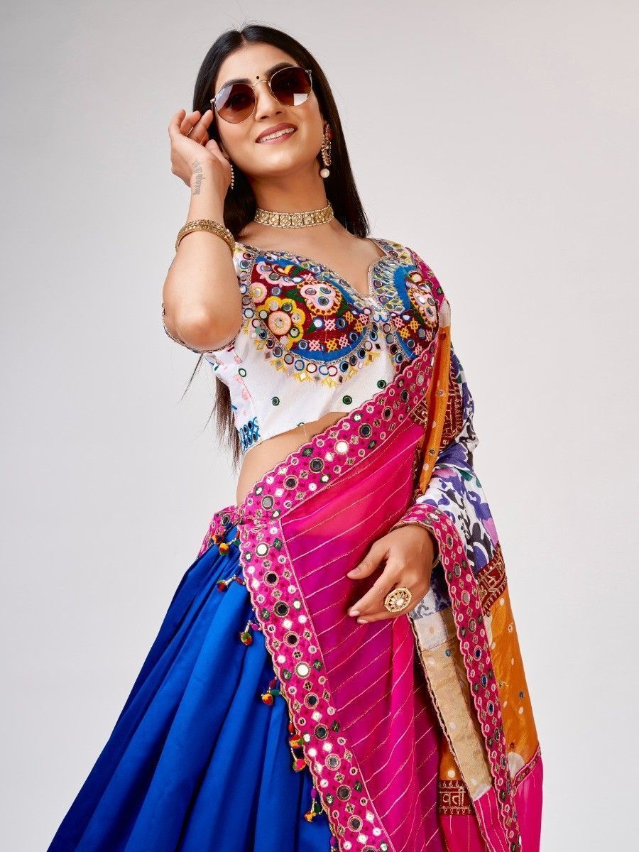 Blue Mirror Worked Satin Silk Navratri Wear Lehenga Choli