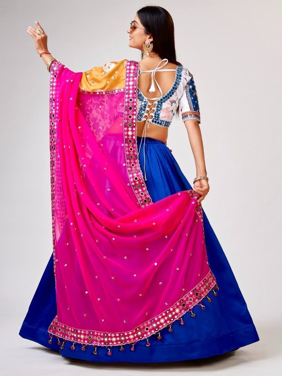 Blue Mirror Worked Satin Silk Navratri Wear Lehenga Choli