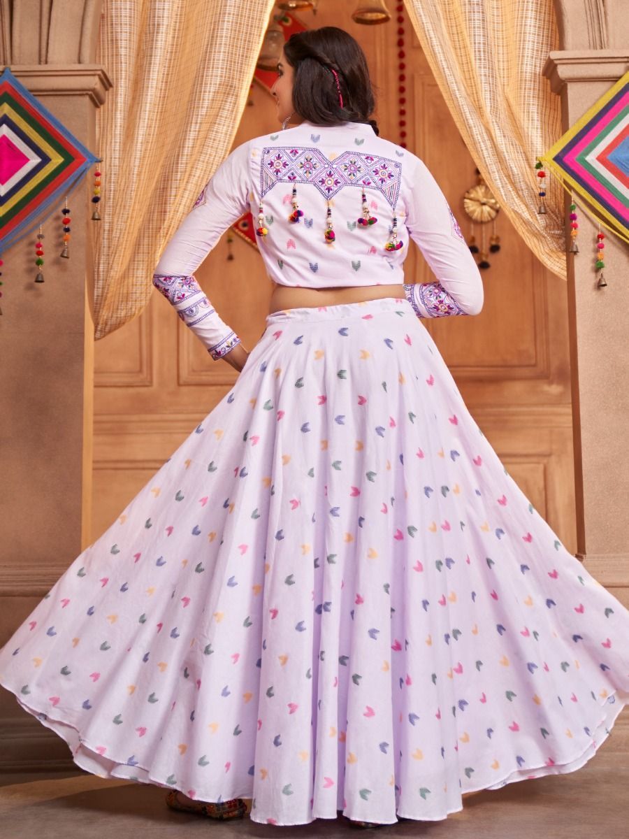 Lavender Embroidered Cotton Navratri Lehenga Choli With Jacket