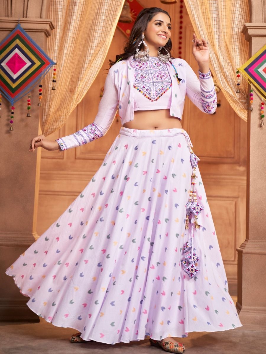 Lavender Embroidered Cotton Navratri Lehenga Choli With Jacket