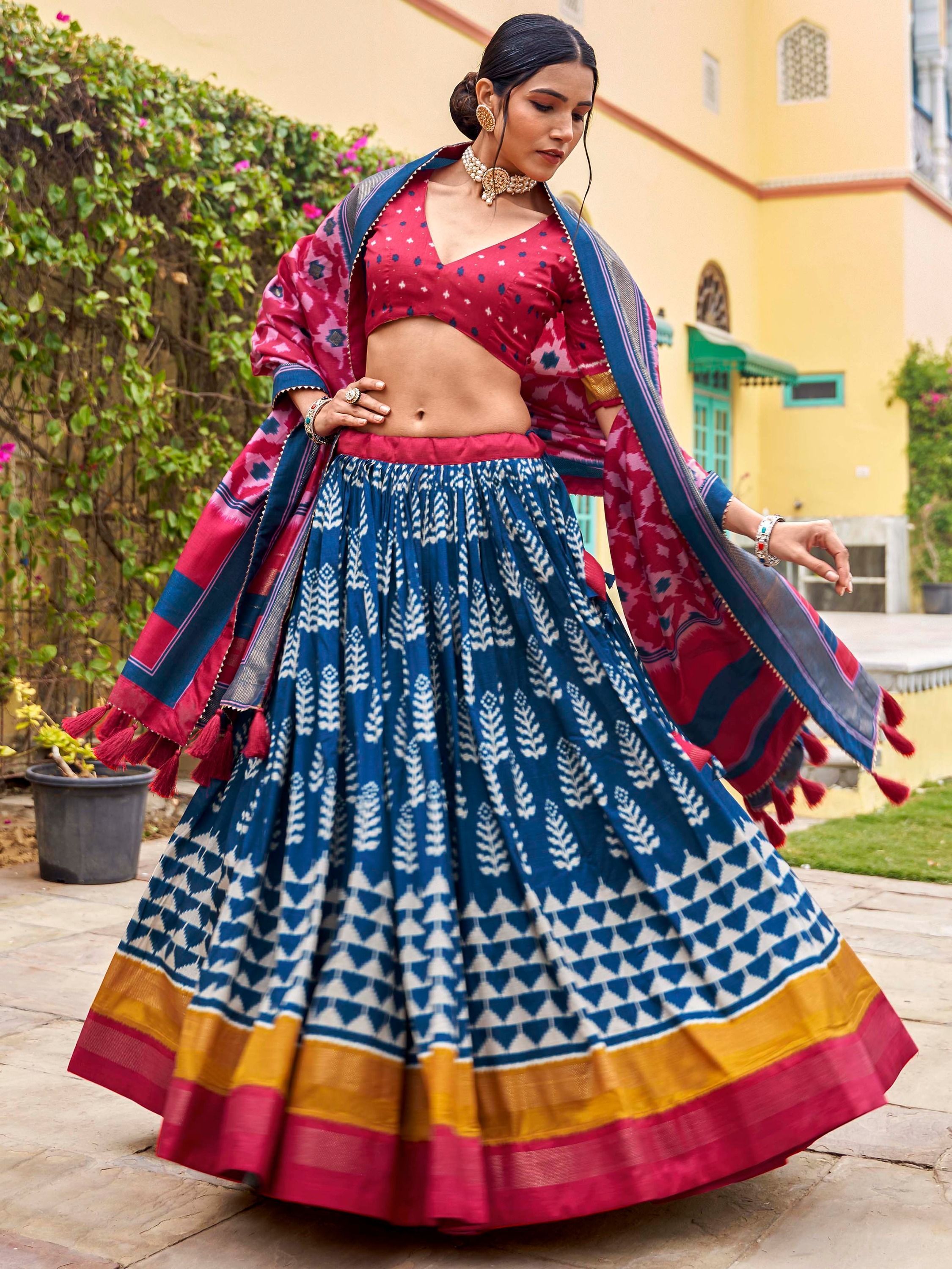 Blue & Pink Printed Silk Garba Special Chaniya Choli