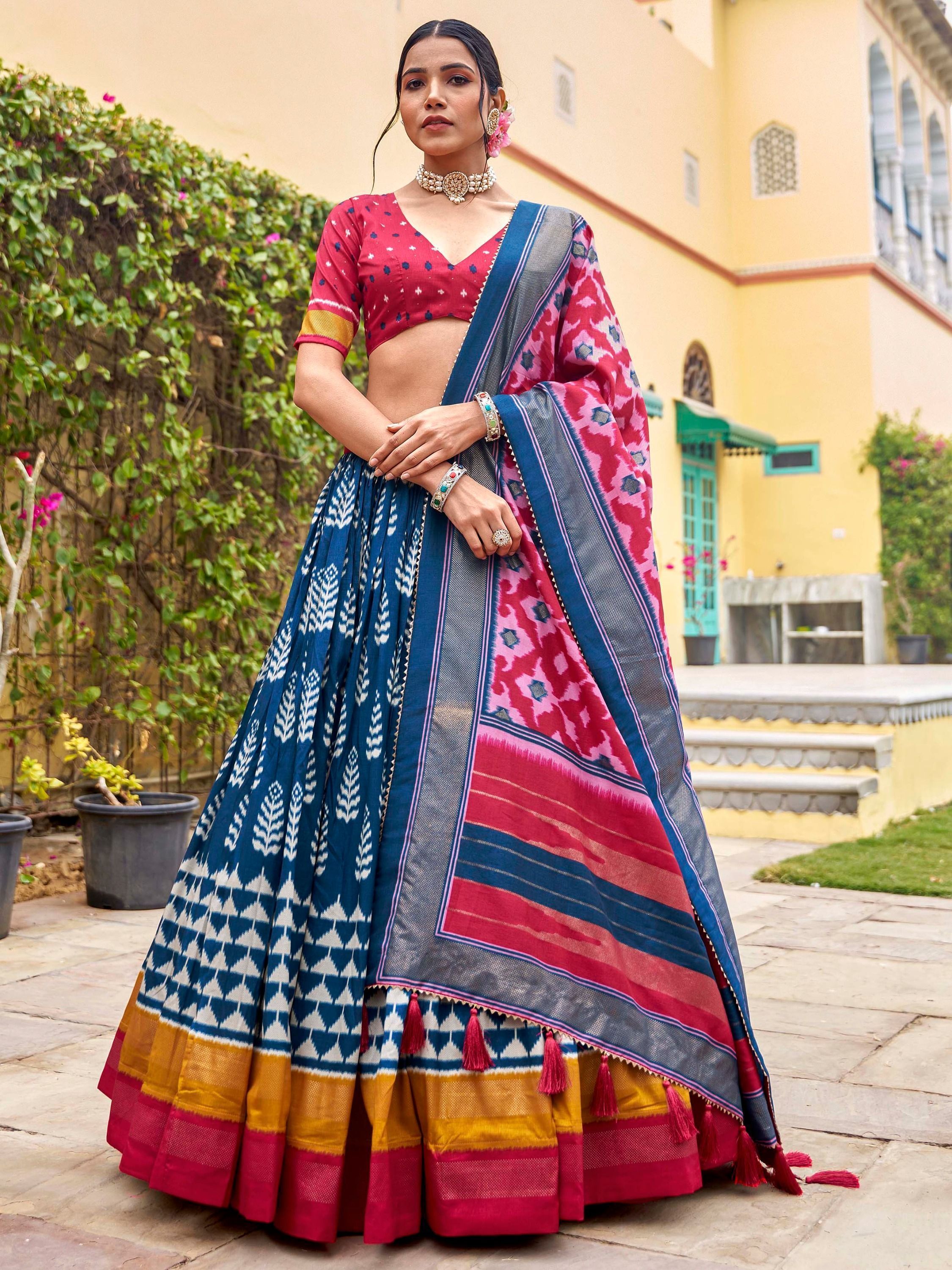 Blue & Pink Printed Silk Garba Special Chaniya Choli