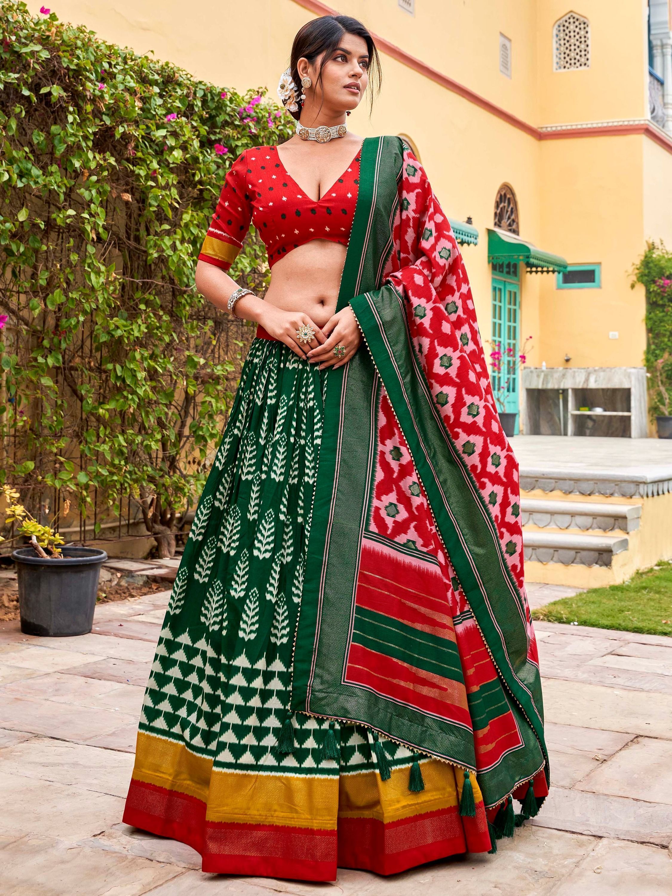 Green & Red Printed Silk Garba Special Chaniya Choli