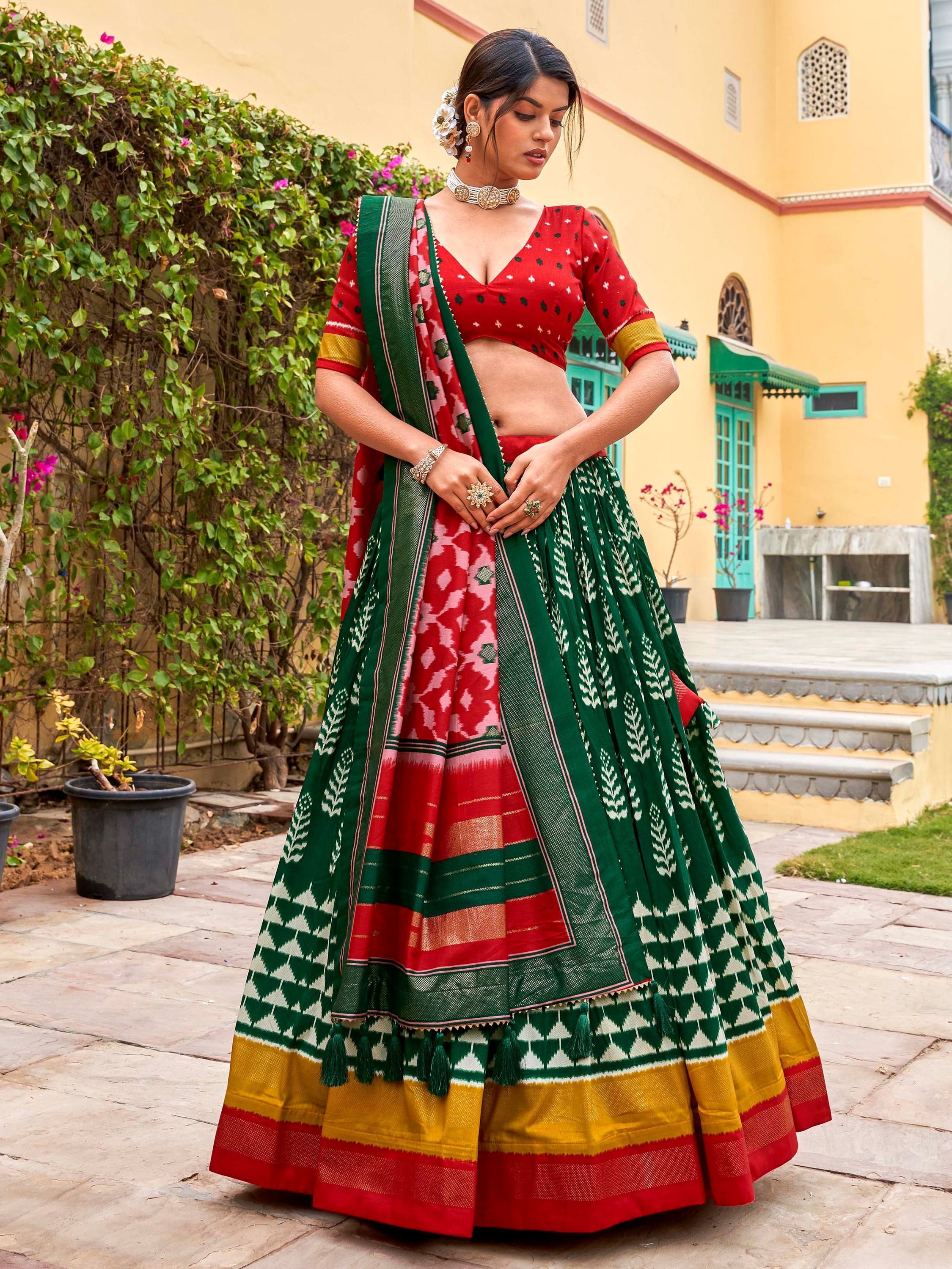 Green & Red Printed Silk Garba Special Chaniya Choli