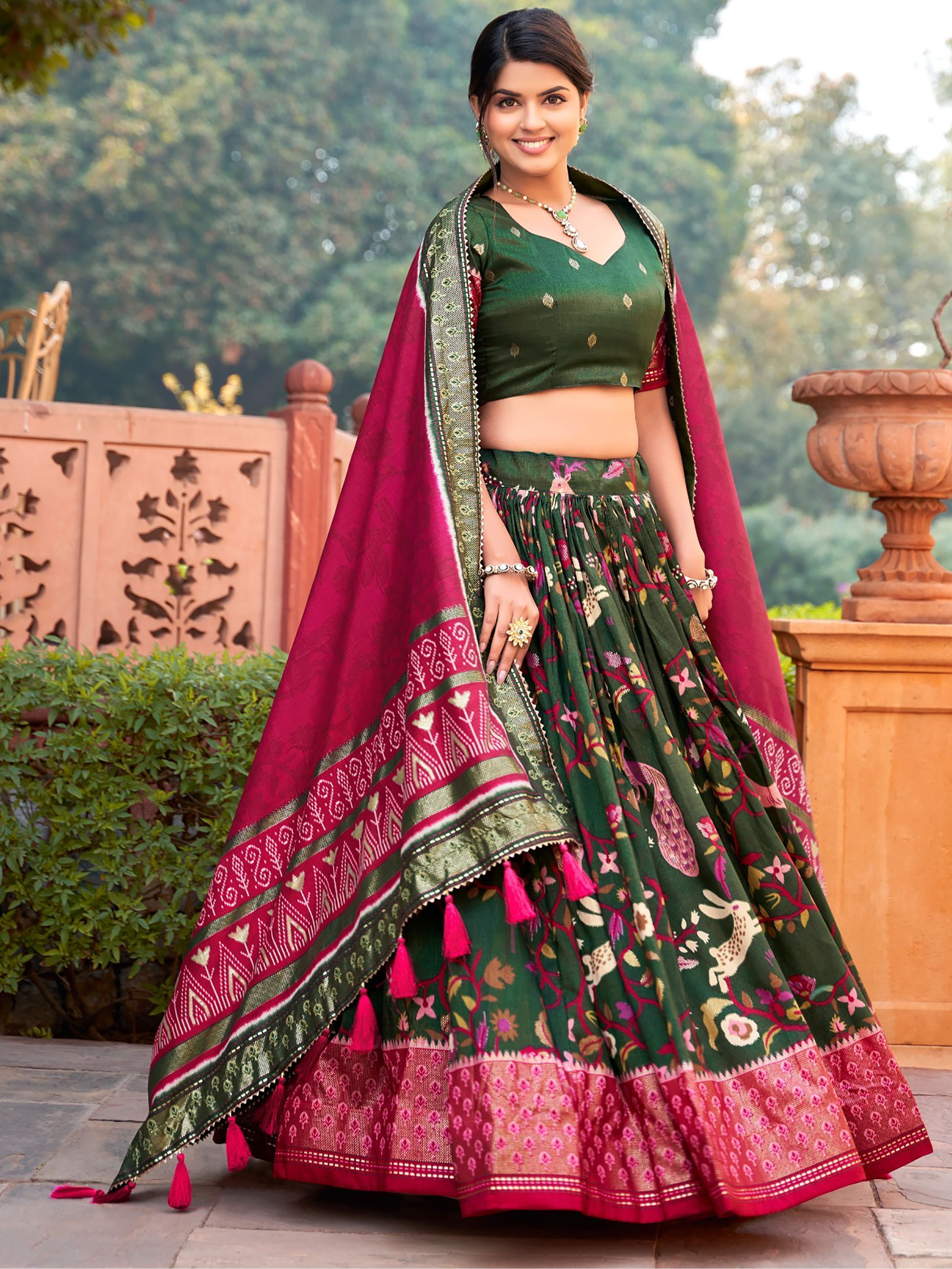 Dark Green Printed Silk Garba Special Chaniya Choli