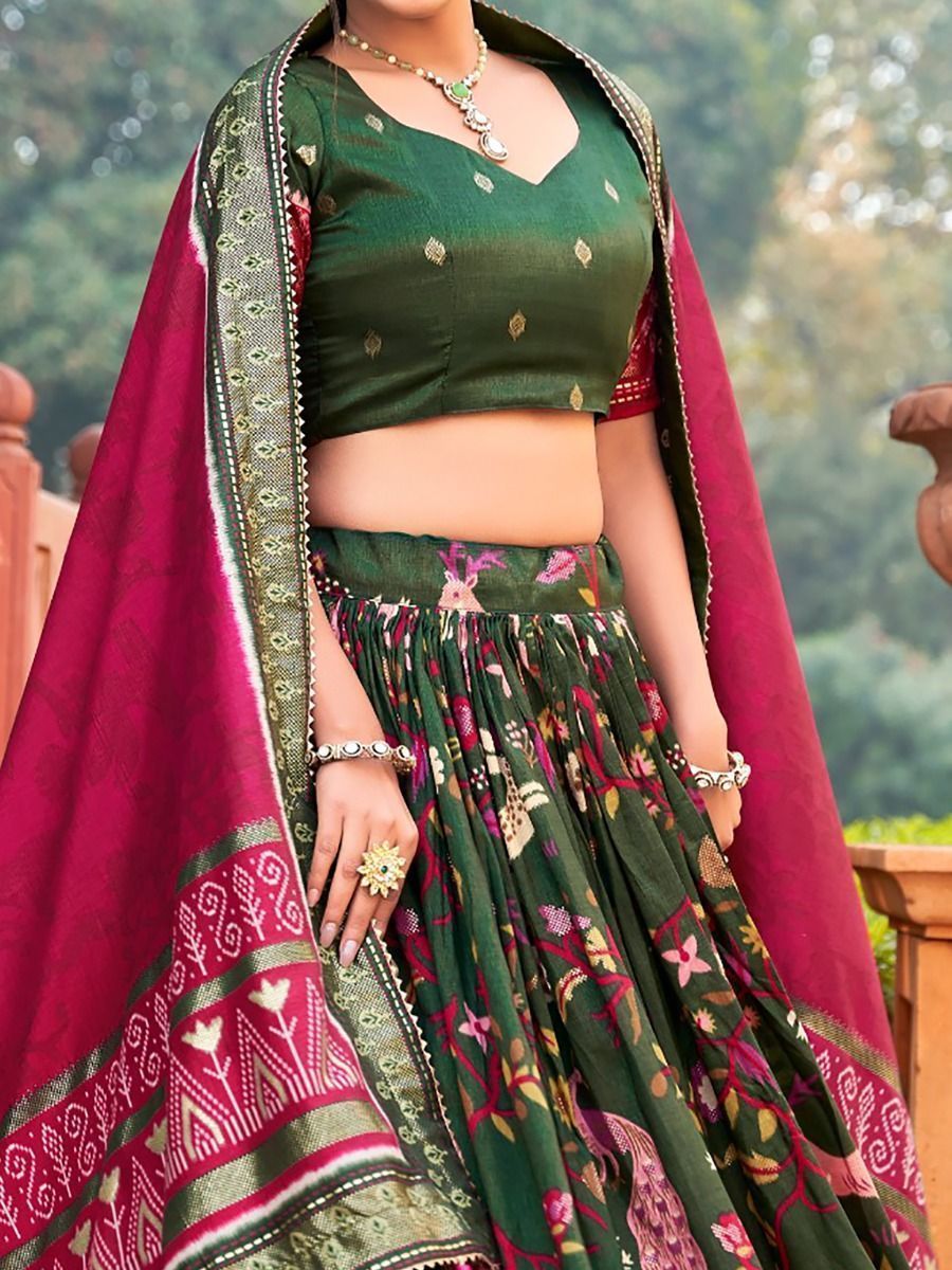 Dark Green Printed Silk Garba Special Chaniya Choli