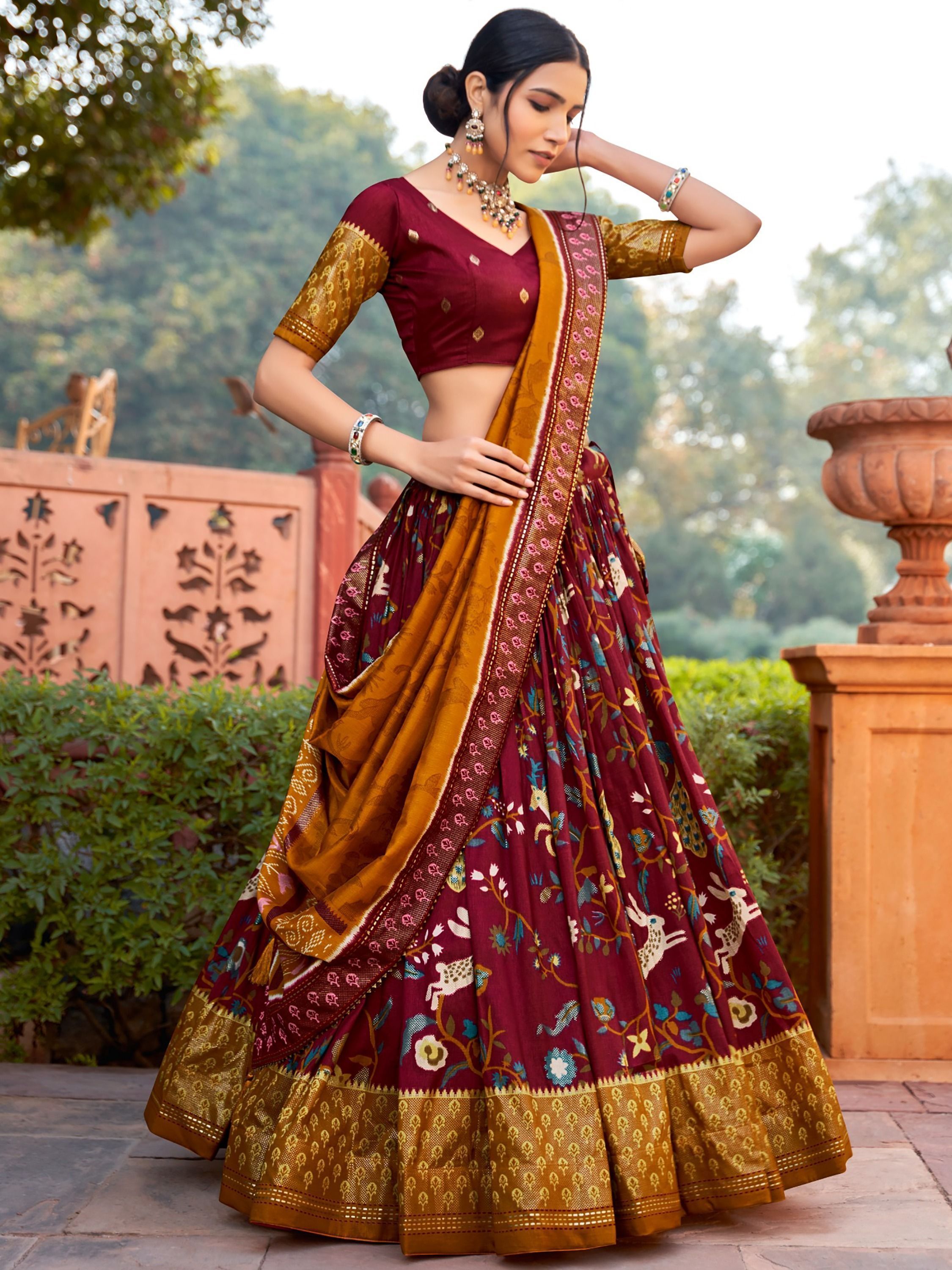 Dark Maroon Printed Silk Garba Special Chaniya Choli