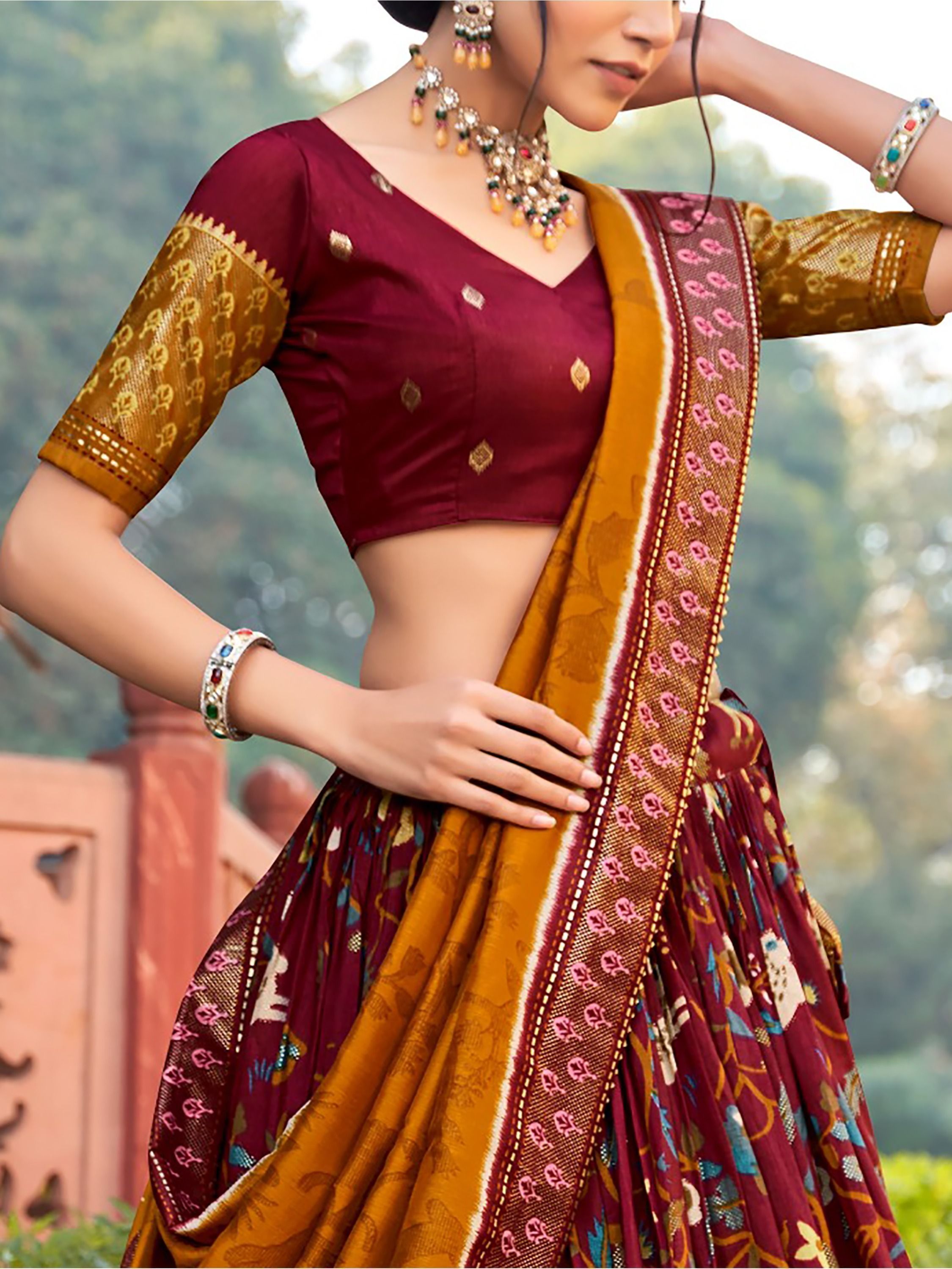 Dark Maroon Printed Silk Garba Special Chaniya Choli