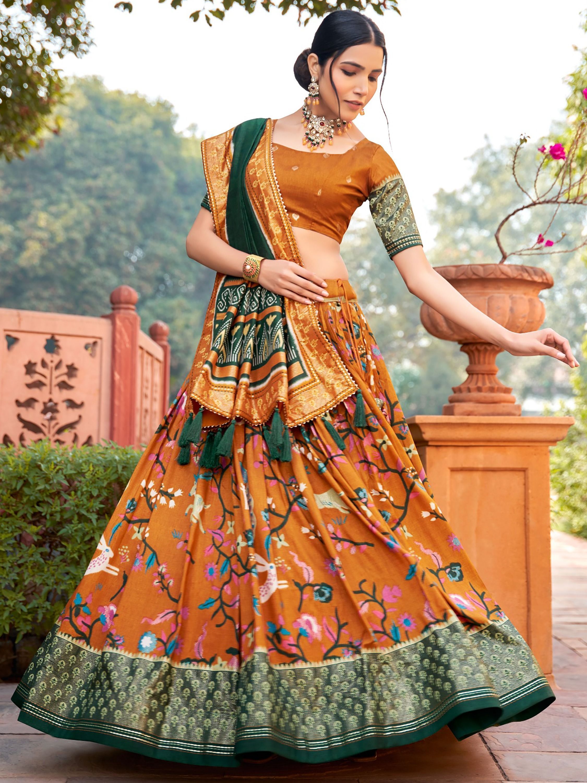 Mustard Yellow Printed Silk Garba Special Chaniya Choli