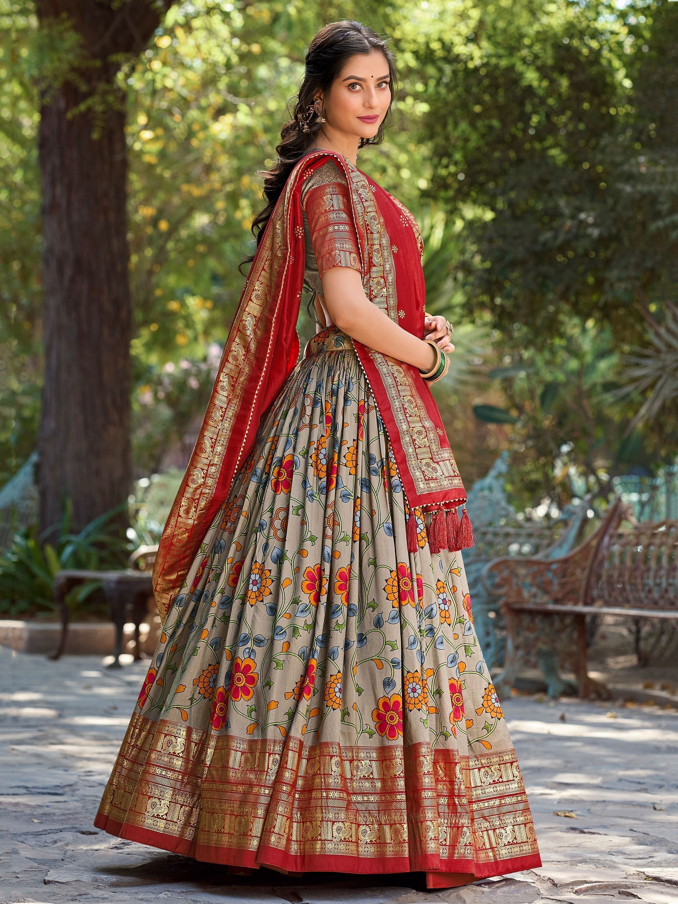 Grey Tussar Silk Kalamkari Printed Festive Wear Lehenga Choli