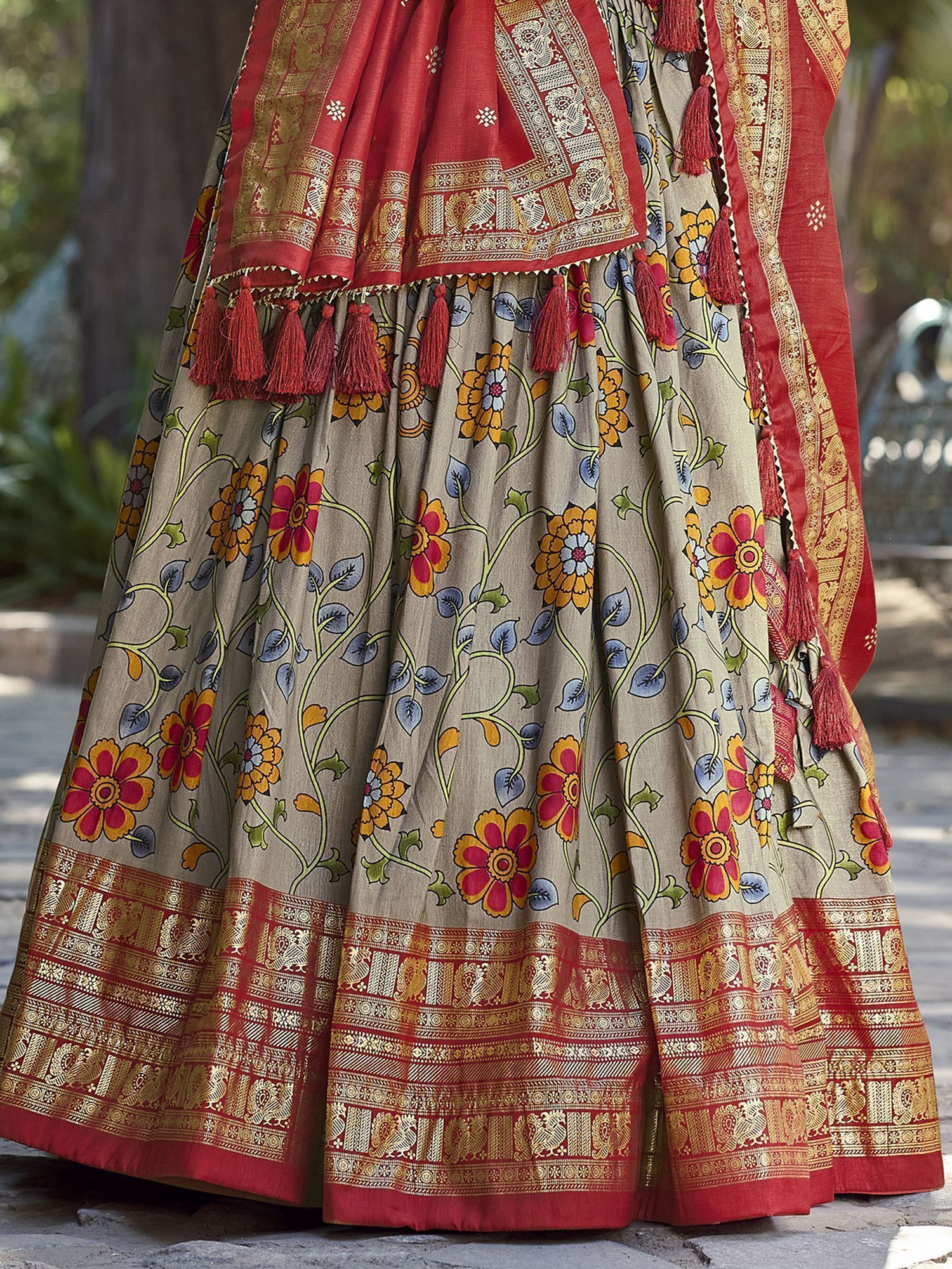 Grey Tussar Silk Kalamkari Printed Festive Wear Lehenga Choli