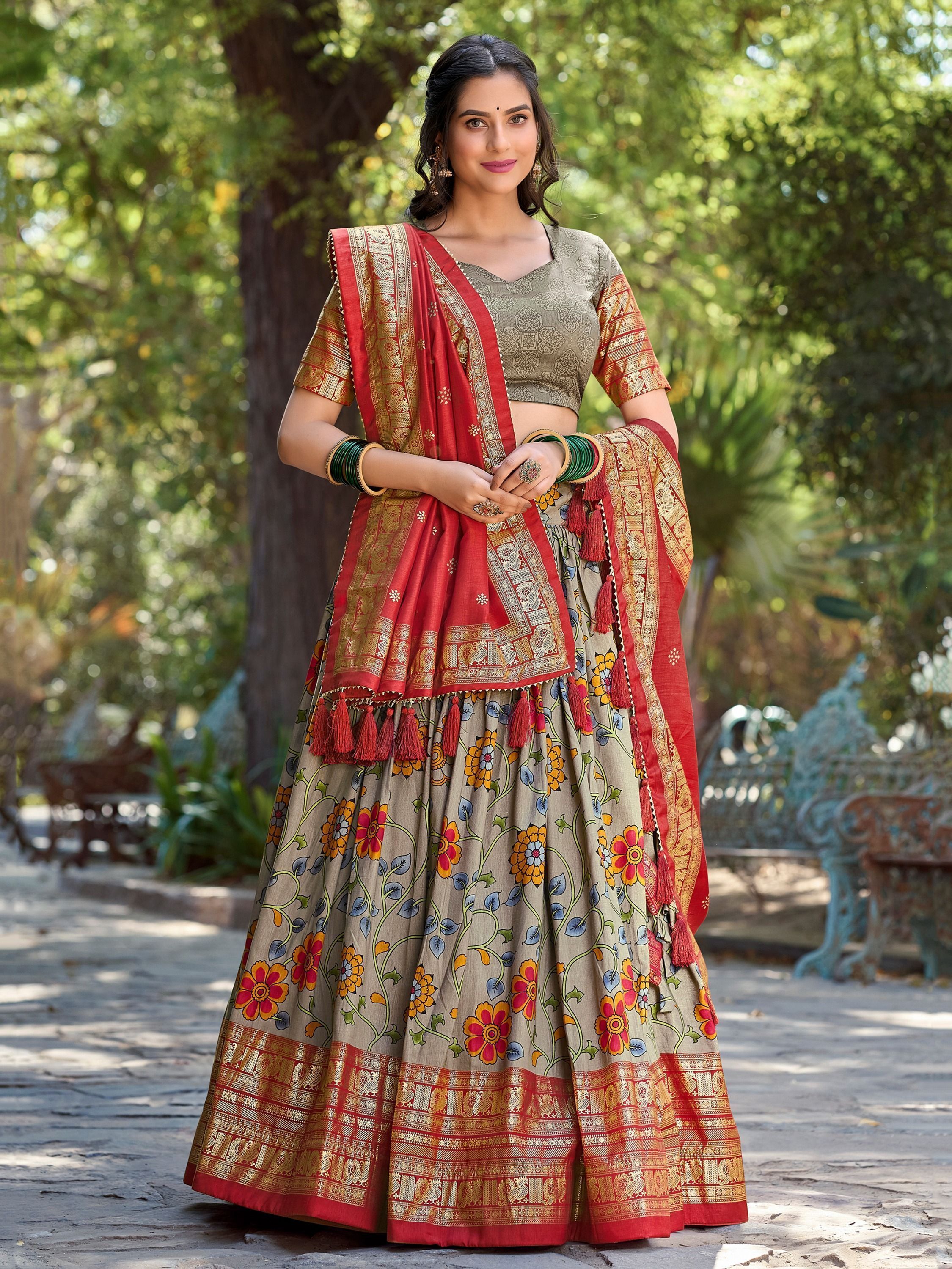 Grey Tussar Silk Kalamkari Printed Festive Wear Lehenga Choli