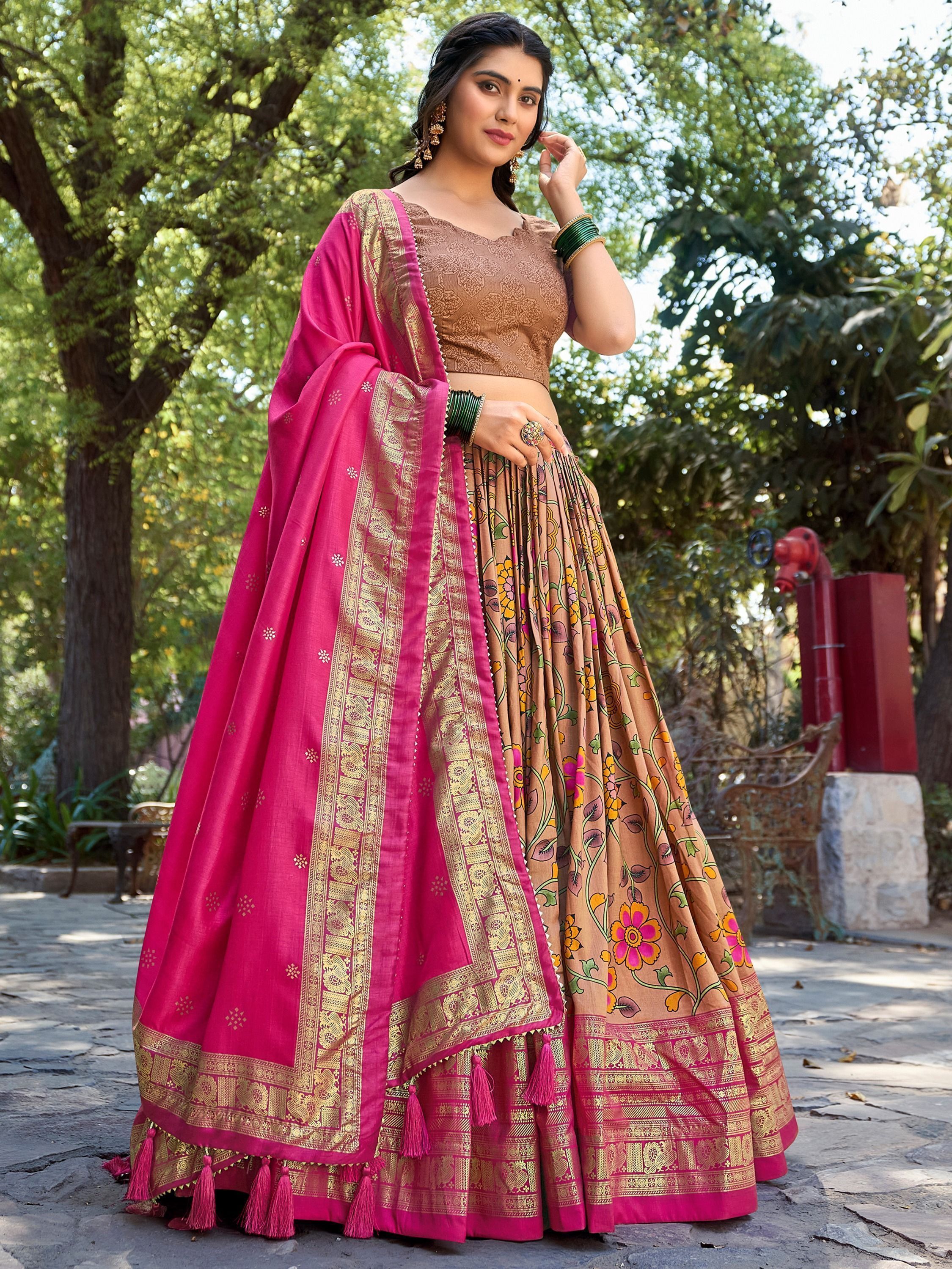 Beige Tussar Silk Kalamkari Printed Festive Wear Lehenga Choli