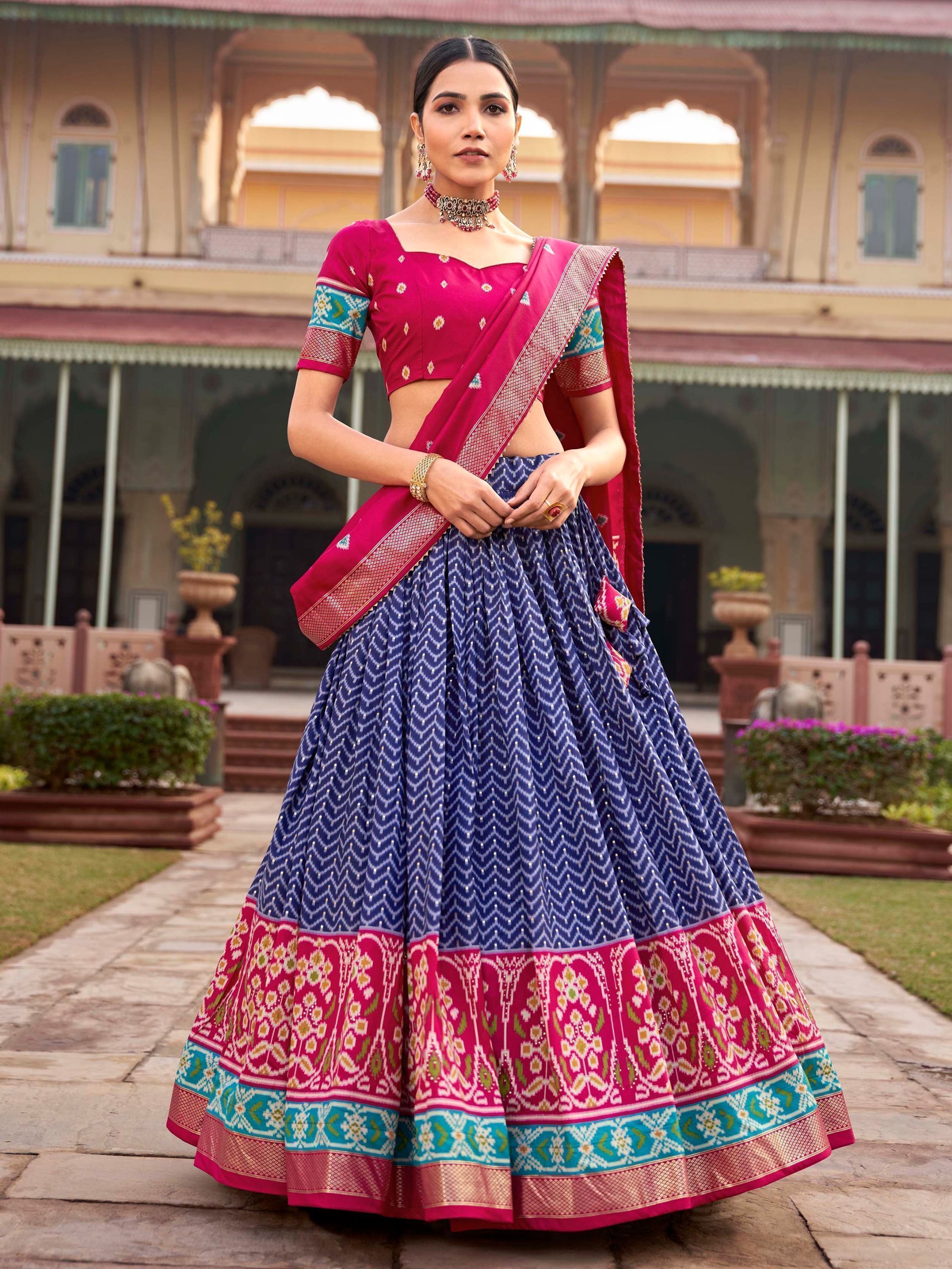 Blue & Pink Patola Printed Silk Garba Special Lehenga Choli