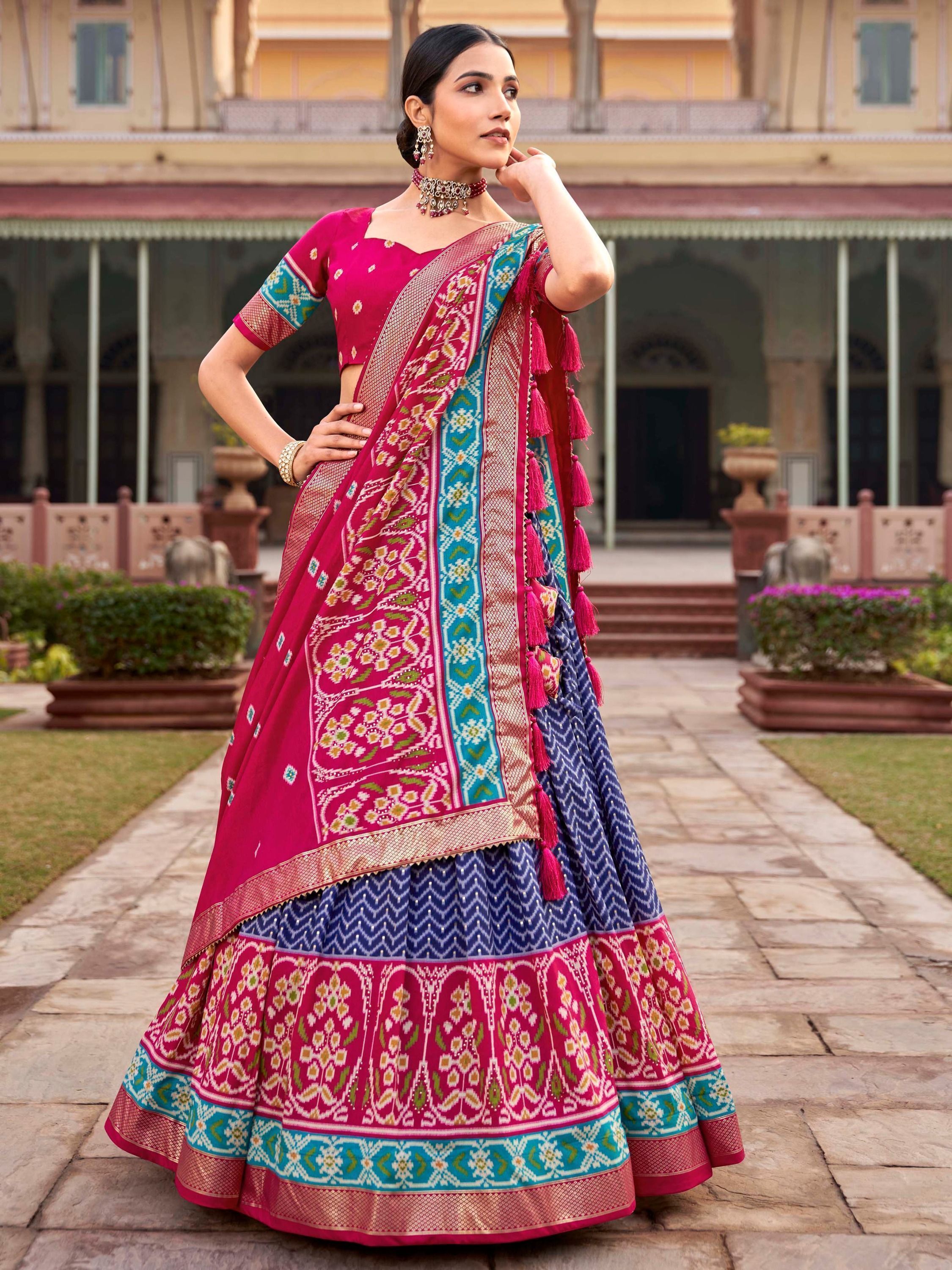 Blue & Pink Patola Printed Silk Garba Special Lehenga Choli