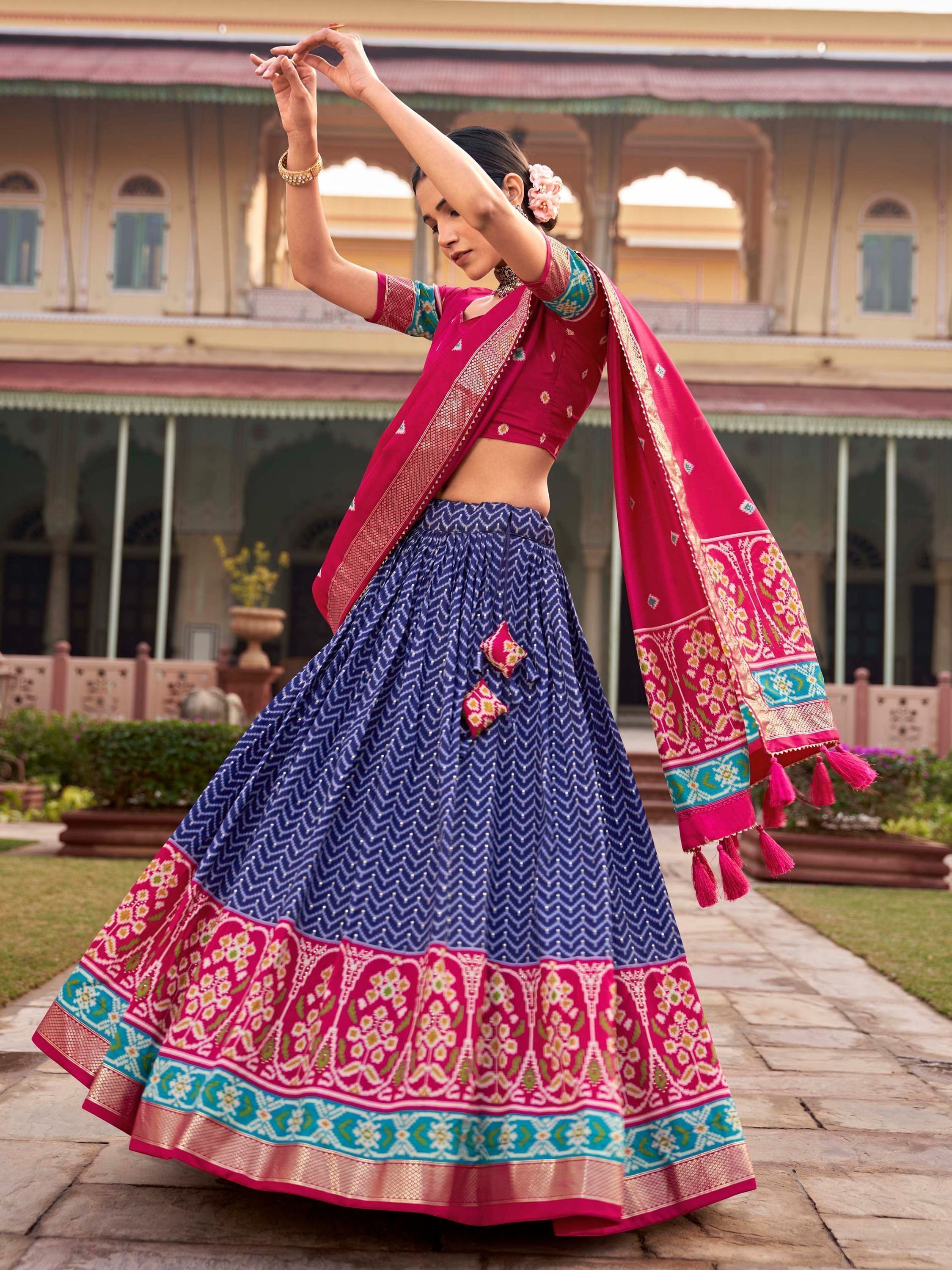 Blue & Pink Patola Printed Silk Garba Special Lehenga Choli