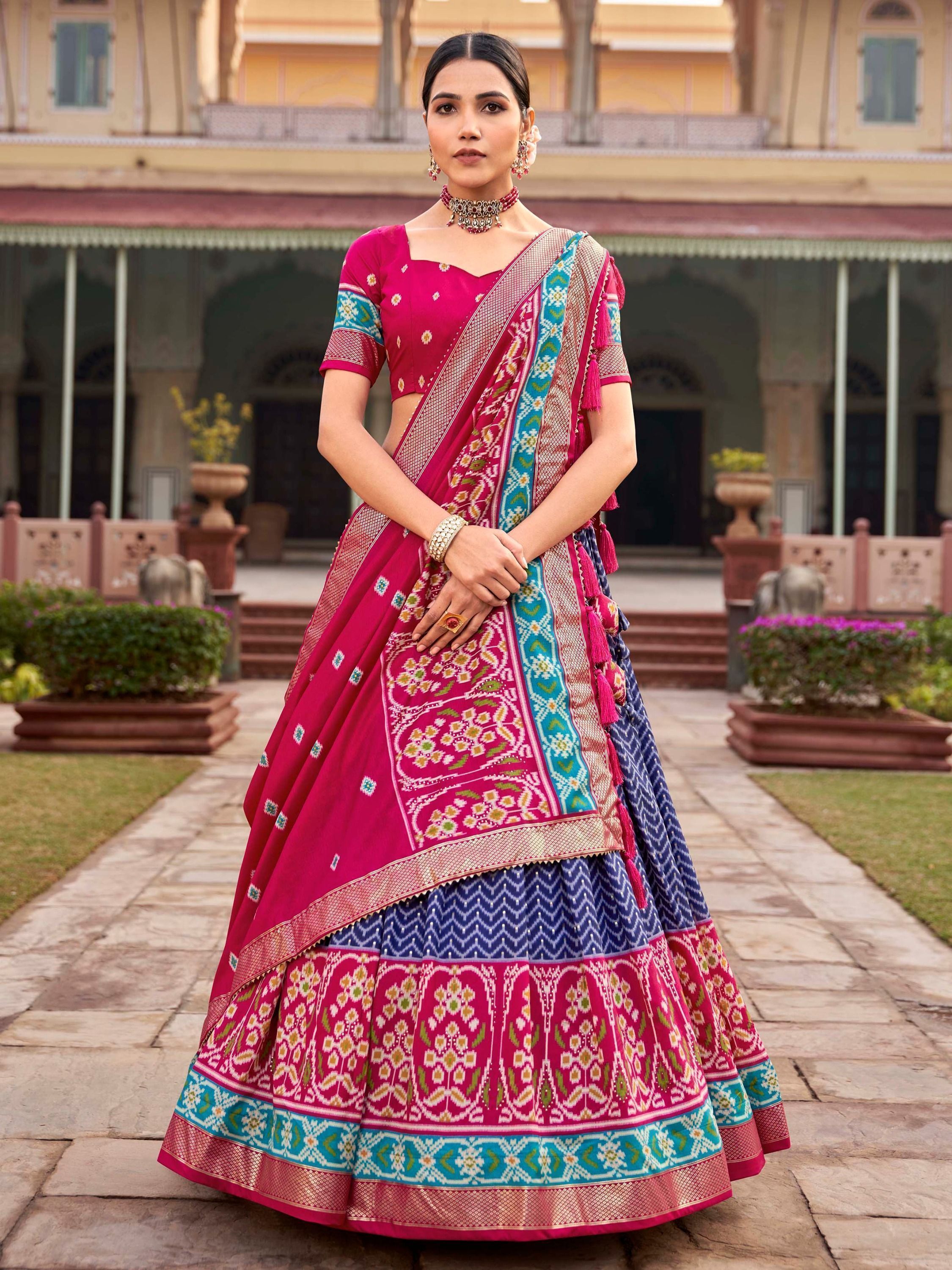 Blue & Pink Patola Printed Silk Garba Special Lehenga Choli