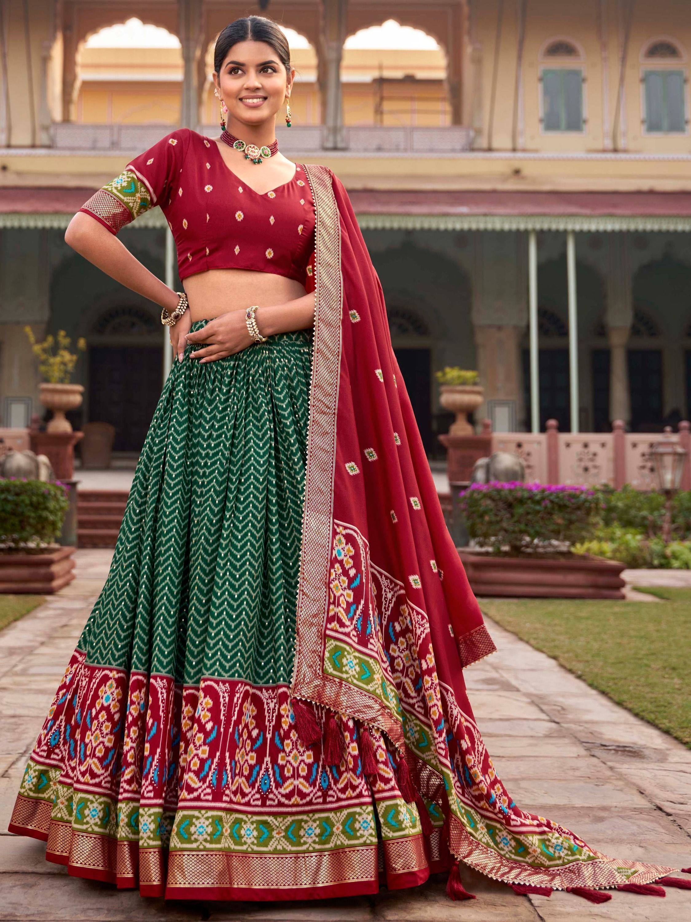 Green & Red Patola Printed Silk Garba Special Lehenga Choli