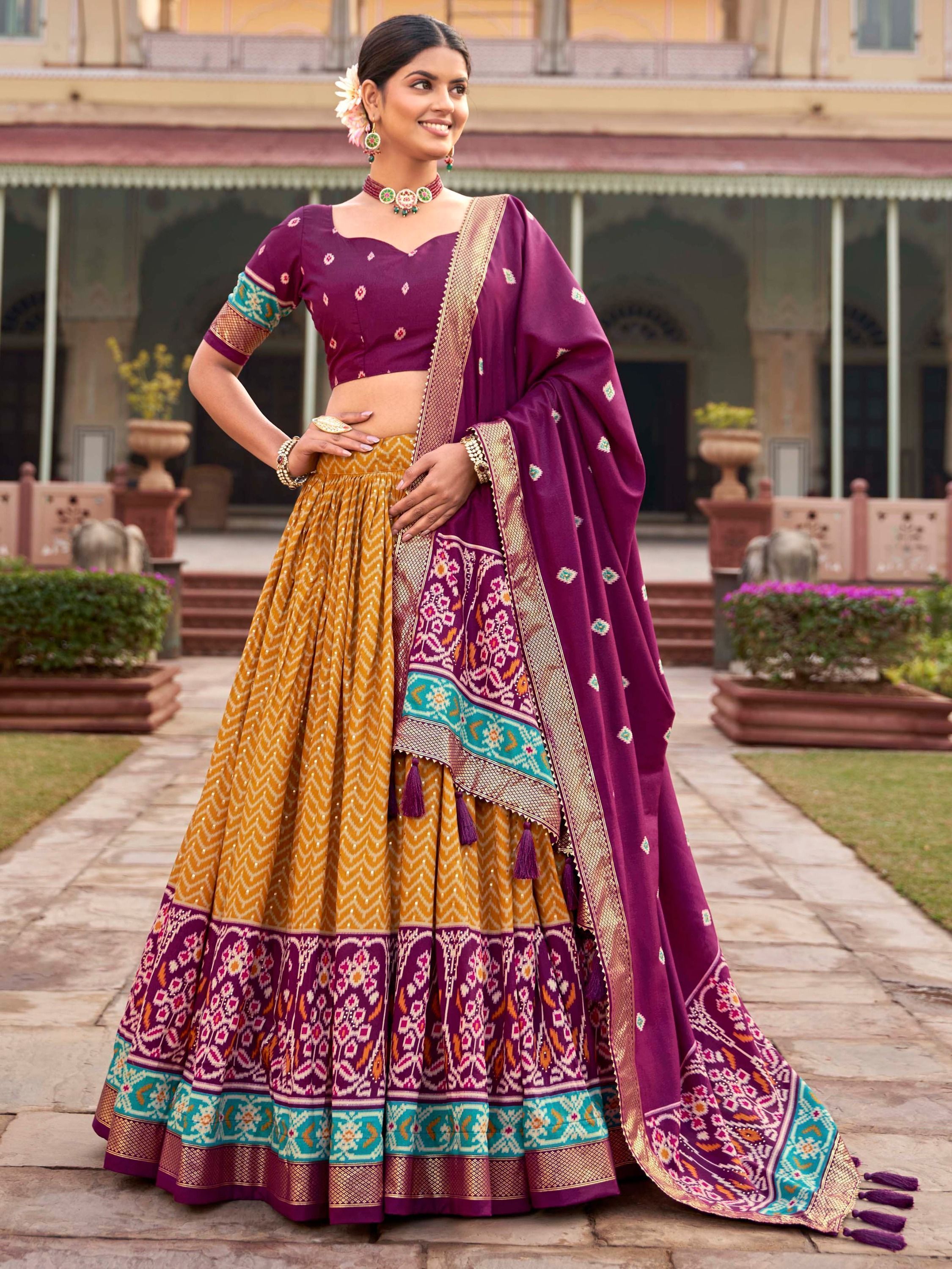 Mustard & Purple Patola Printed Silk Garba Special Lehenga Choli