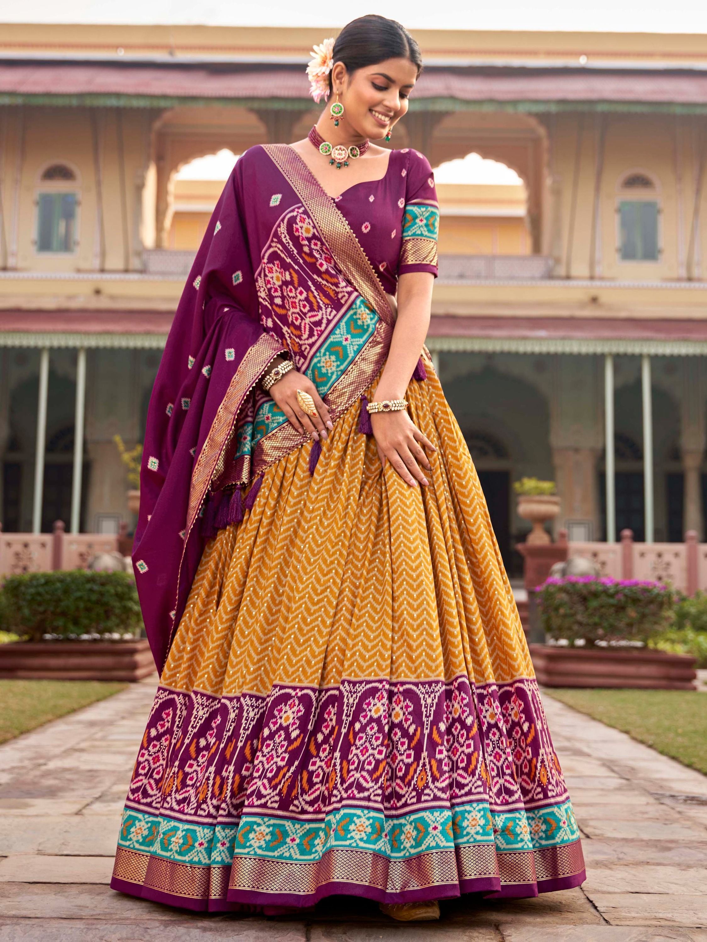 Mustard & Purple Patola Printed Silk Garba Special Lehenga Choli