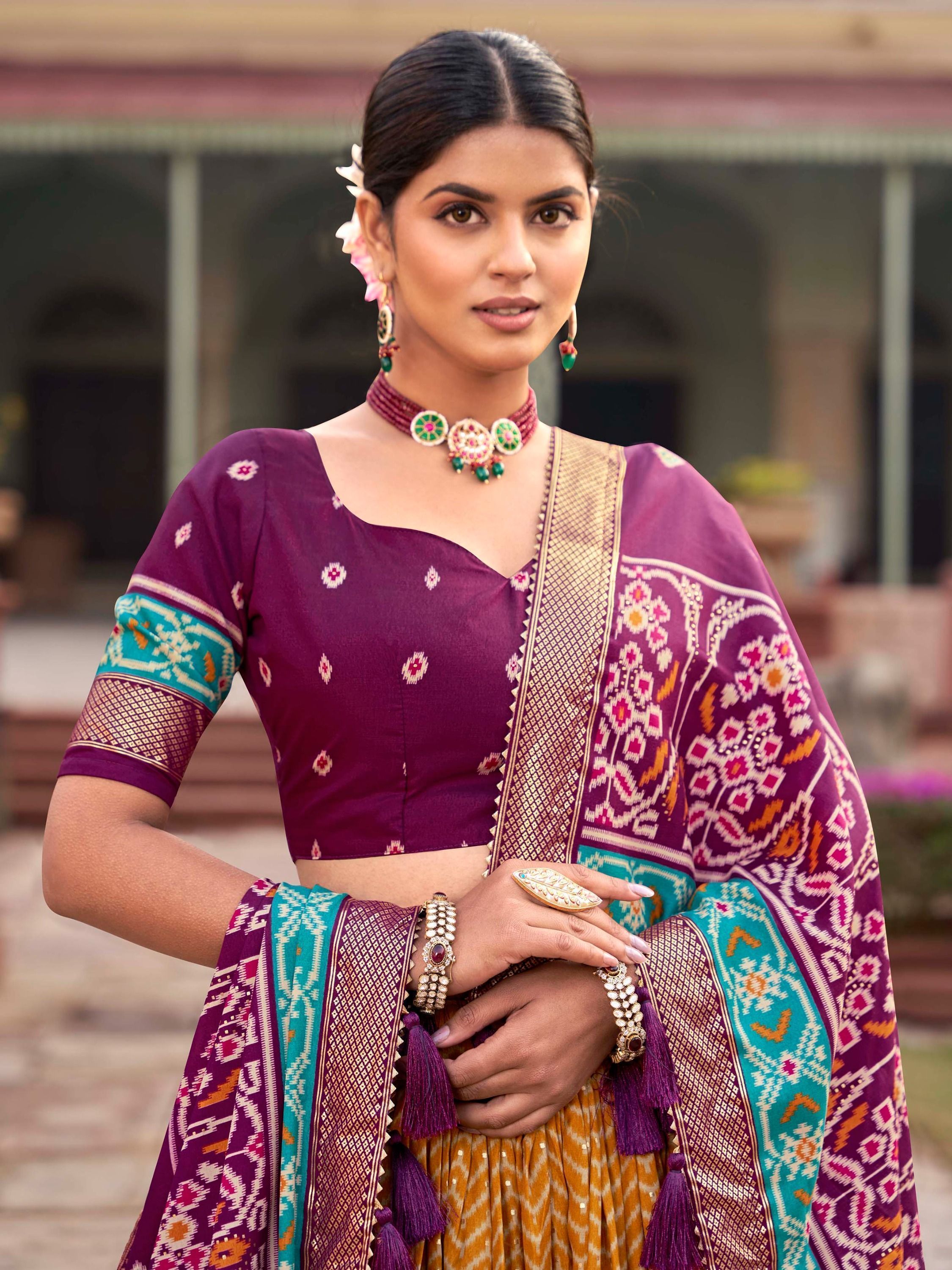 Mustard & Purple Patola Printed Silk Garba Special Lehenga Choli