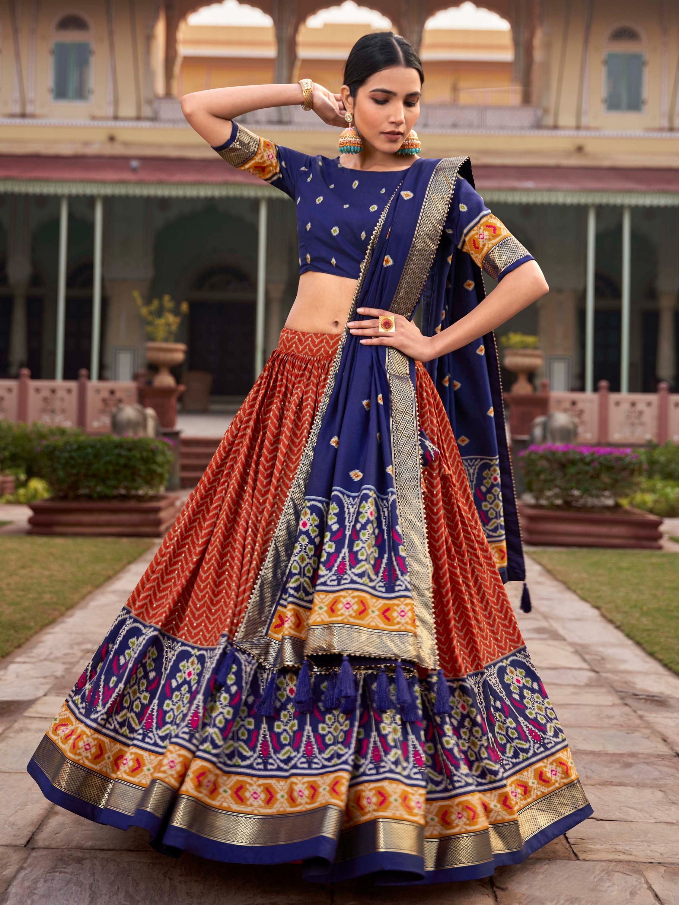 Orange & Blue Patola Printed Silk Garba Special Lehenga Choli