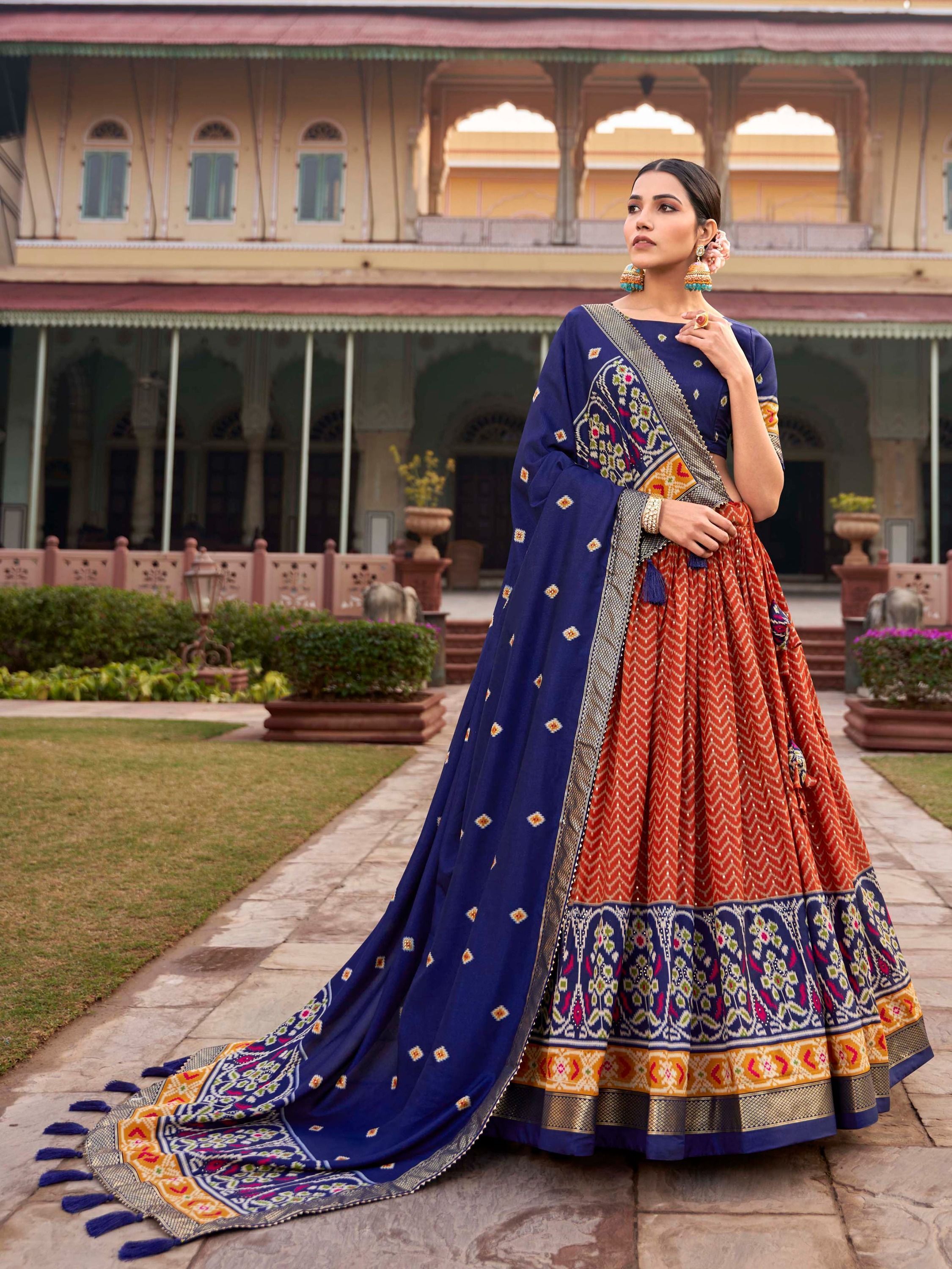 Orange & Blue Patola Printed Silk Garba Special Lehenga Choli