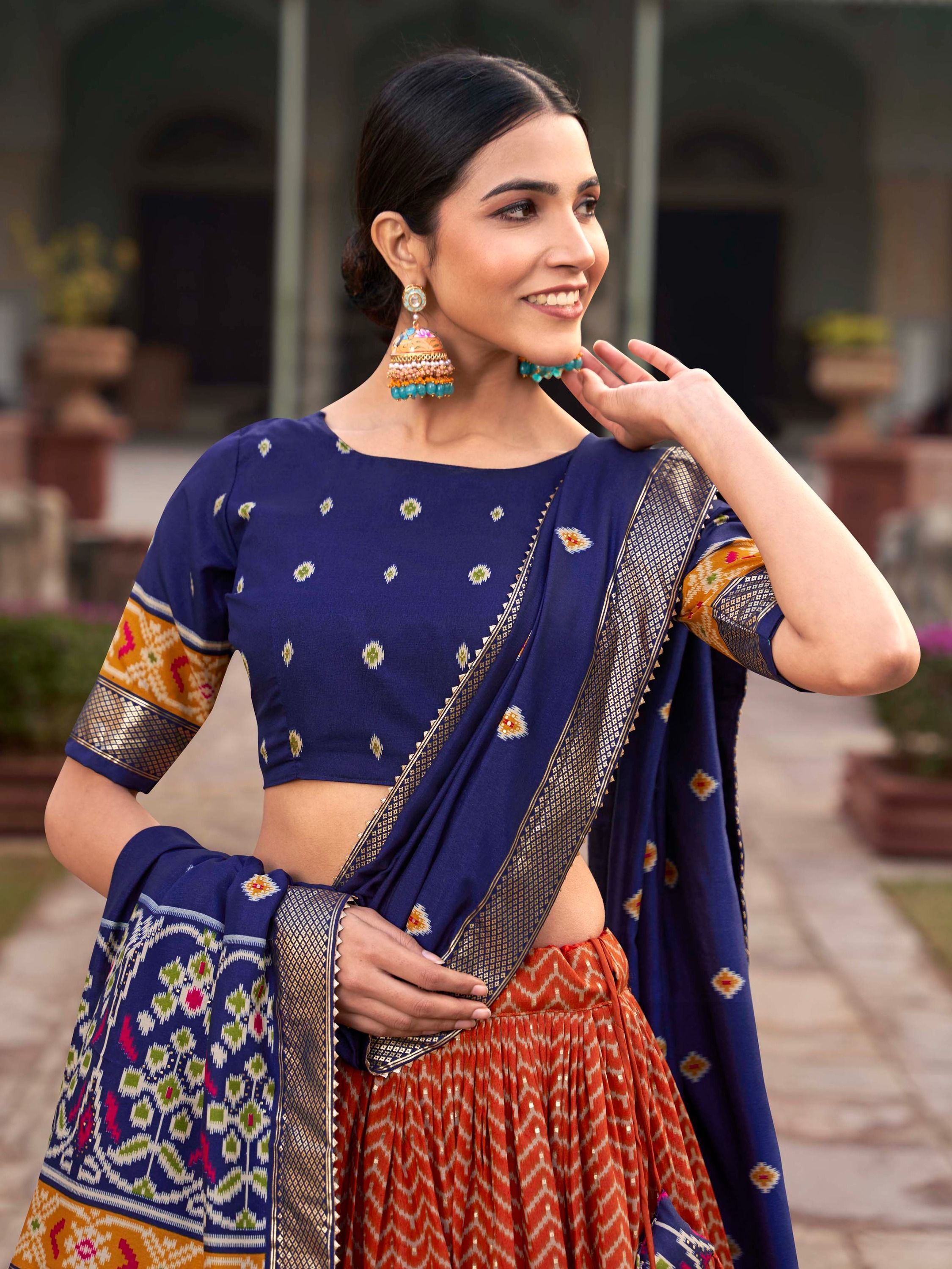 Orange & Blue Patola Printed Silk Garba Special Lehenga Choli