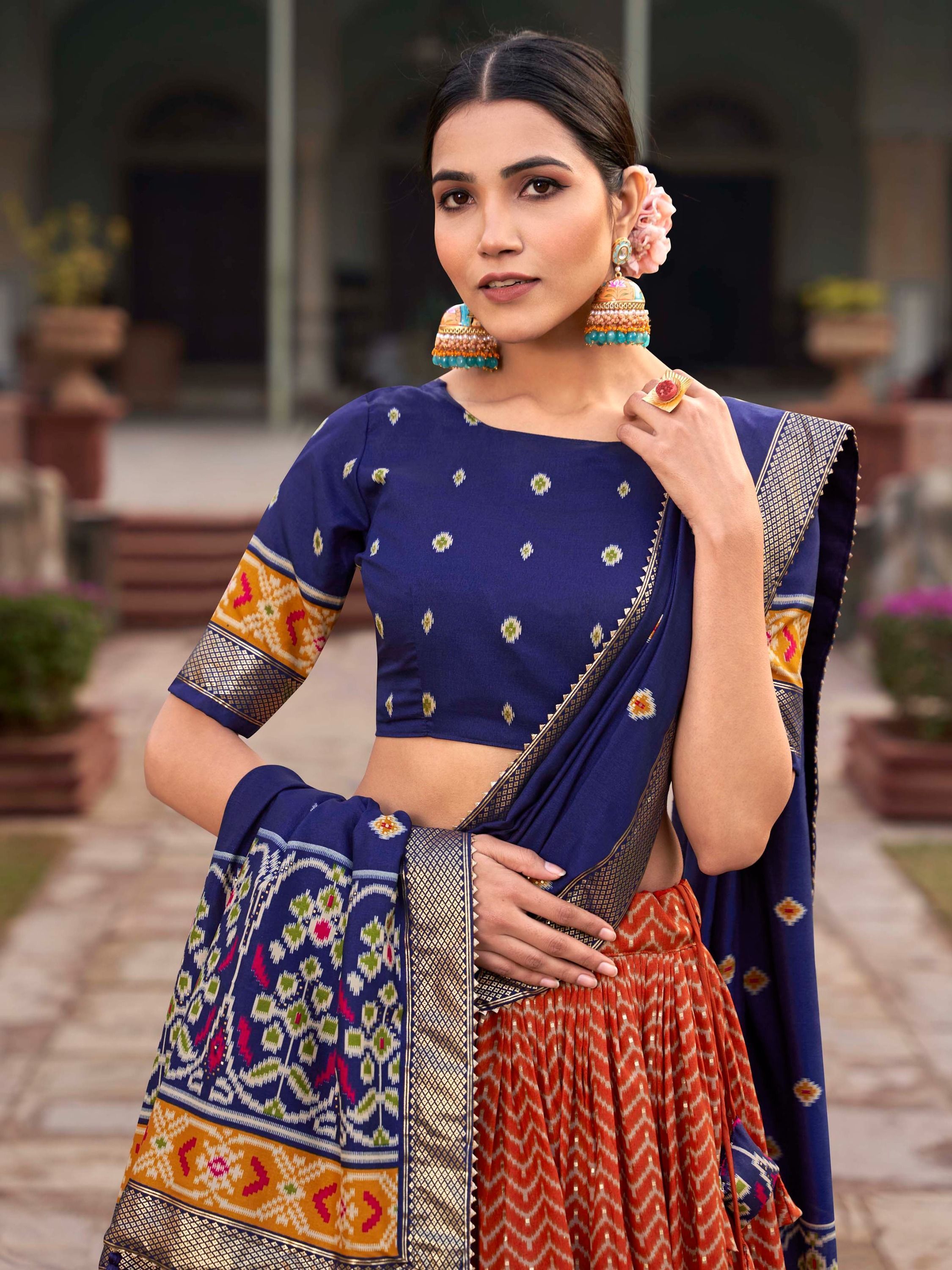 Orange & Blue Patola Printed Silk Garba Special Lehenga Choli